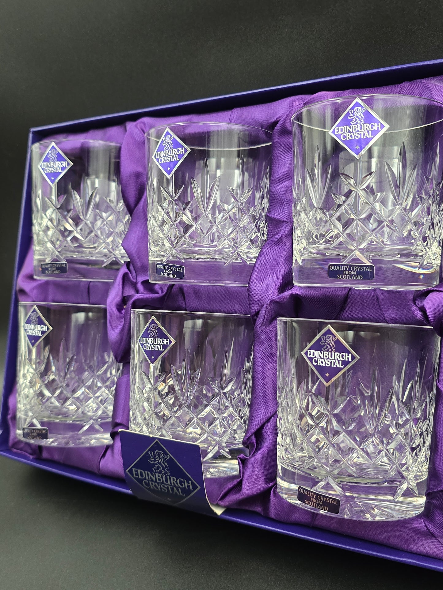 Set of 6 Vintage Edinburgh Crystal Lomond Pattern Crystal whisky tumblers. Boxed. 7oz