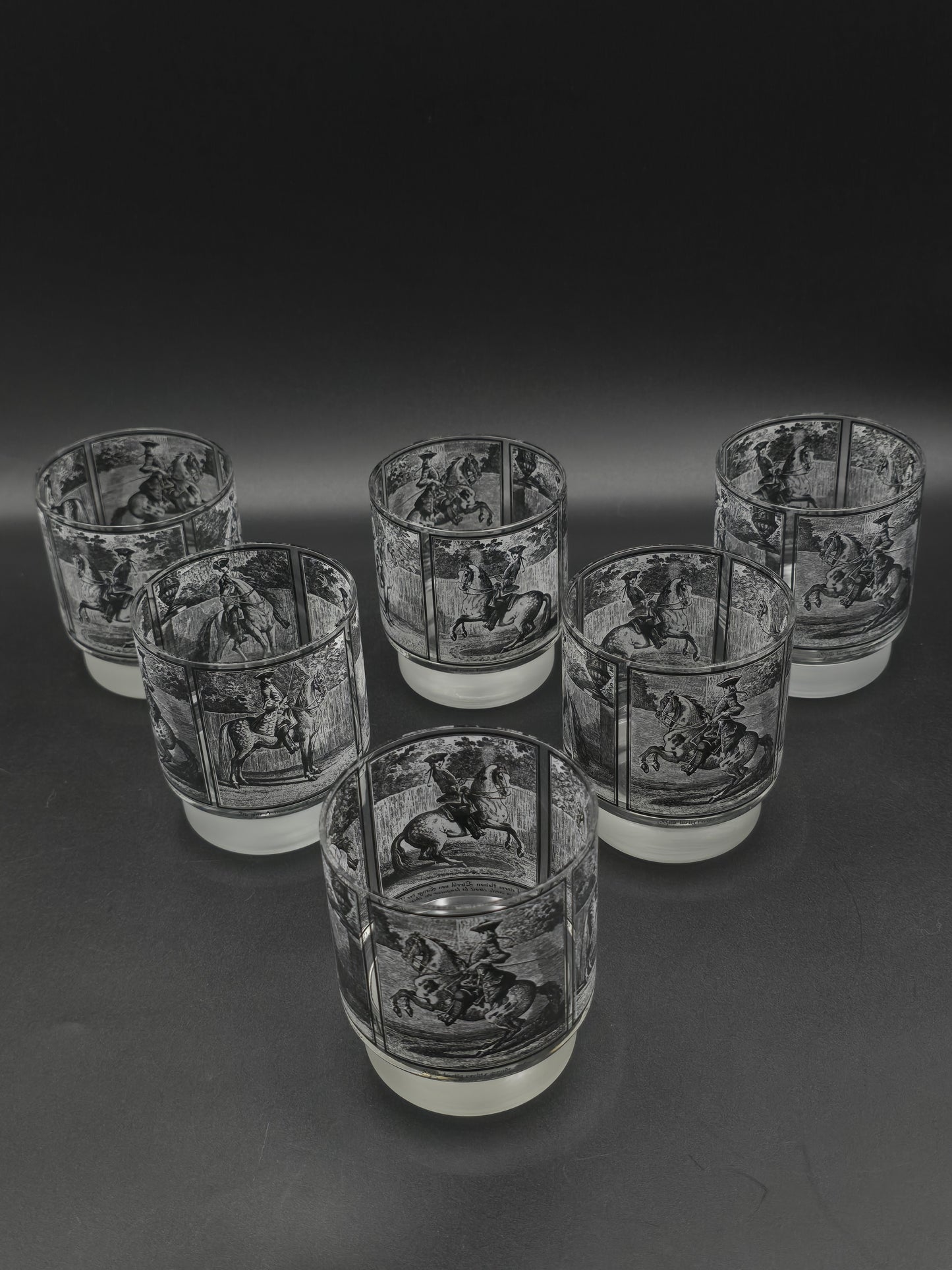 Six Mid Century Vintage Kurt Hammer Horse Riding Tumblers – Bavarian German Frosted Glassware, 8oz Folk Art Crystal Set