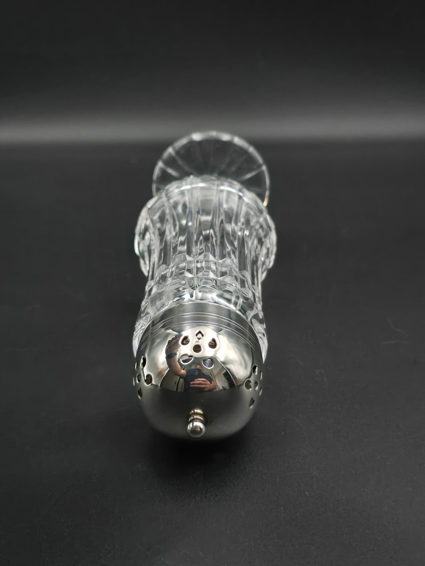 Large Vintage cut glass sugar shaker. 20cm tall.