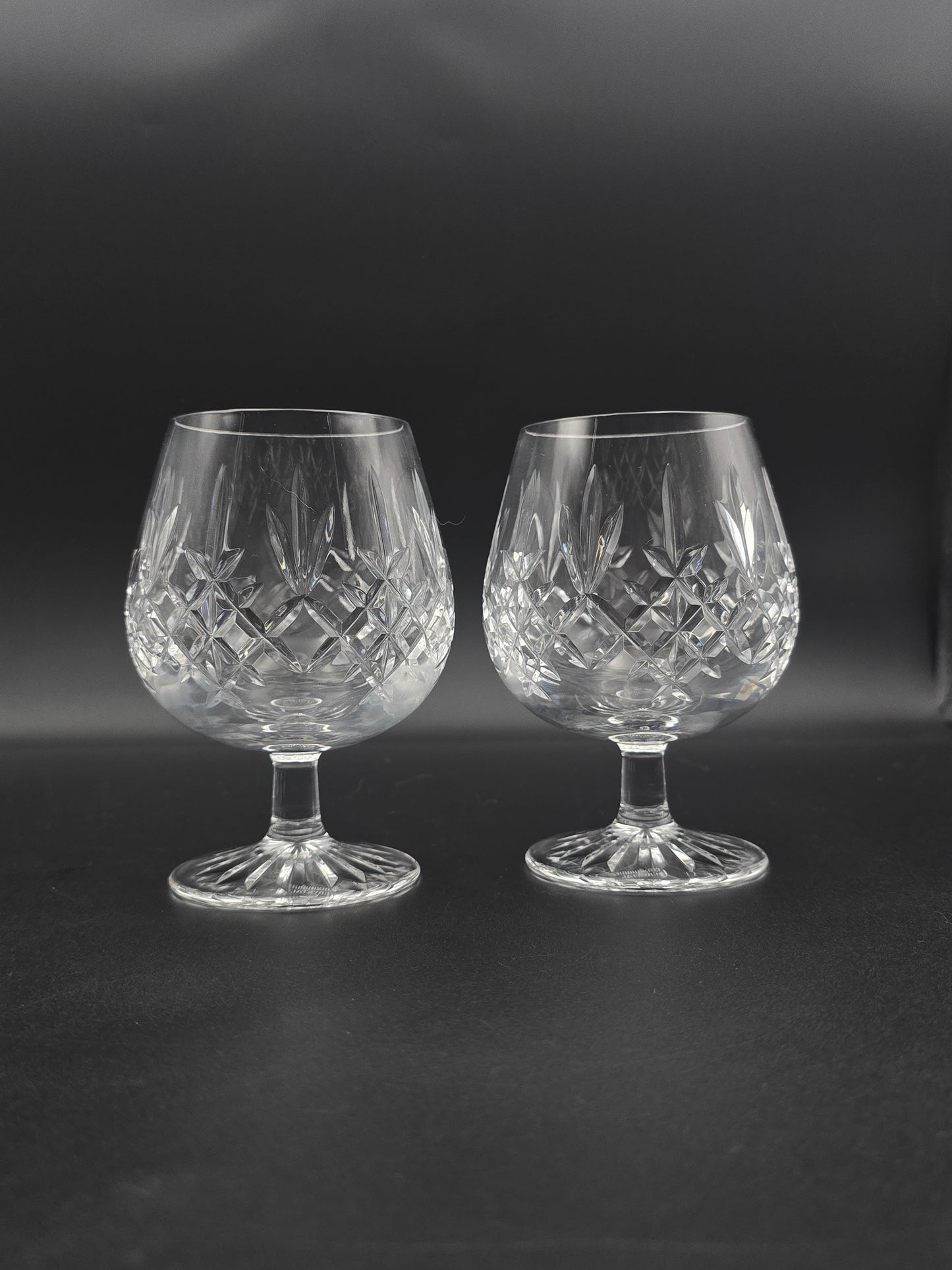 Pair of Vintage Edinburgh Crystal Lomond Pattern Brandy Glasses 12oz, Star Cut Base, Boxed, 12.7cm Tall