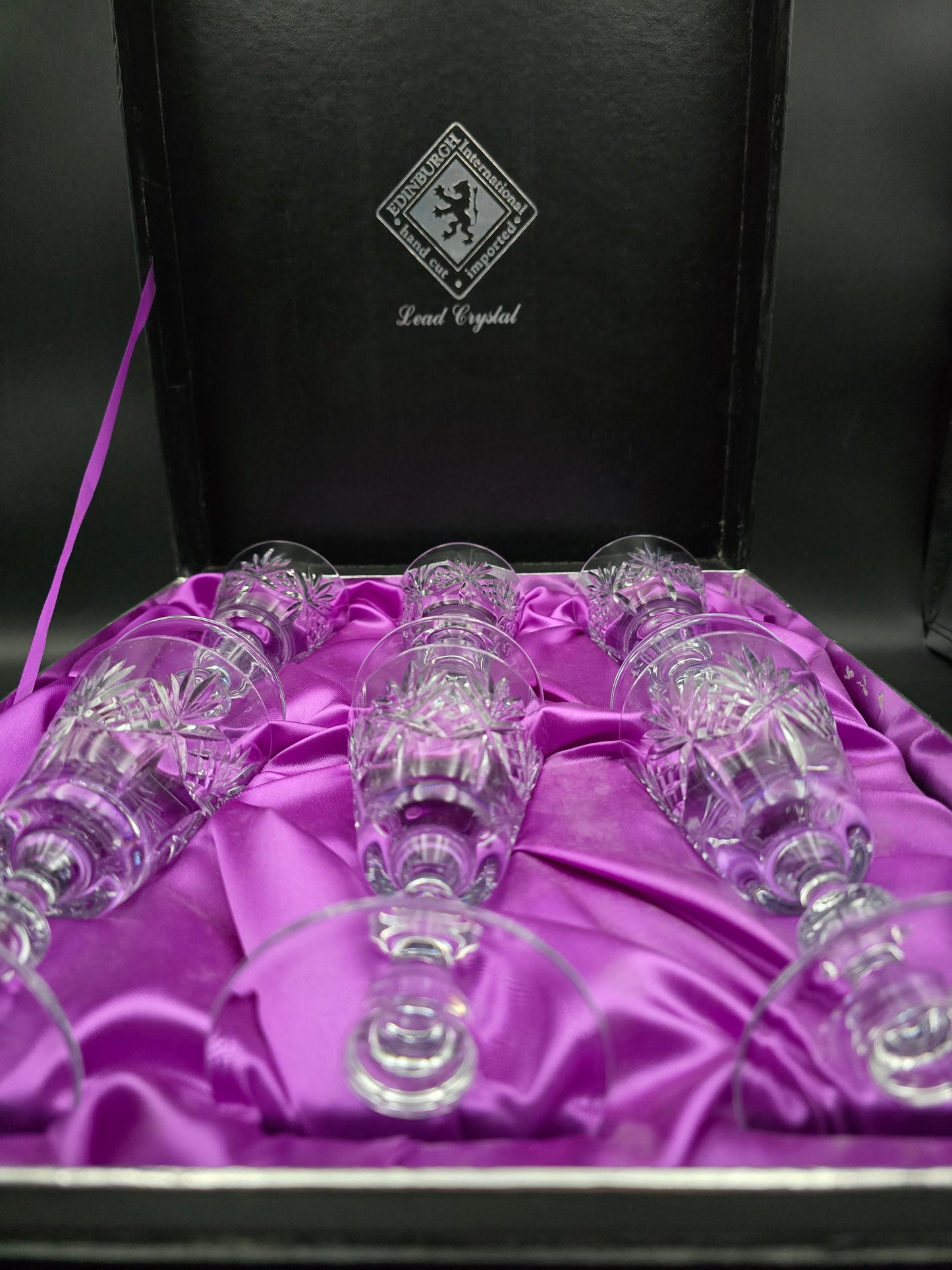 Vintage Edinburgh Crystal Embassy Pattern set of 6 Crystal Sherry Glasses. Boxed 100ml