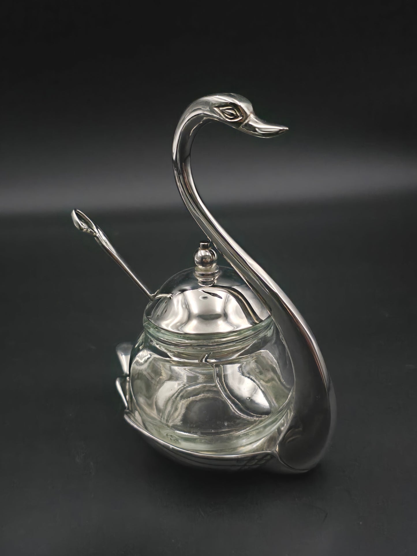 Vintage Chrome Swan Sugar Bowl with Spoon – Glass Insert – Art Deco Style Condiment Dish