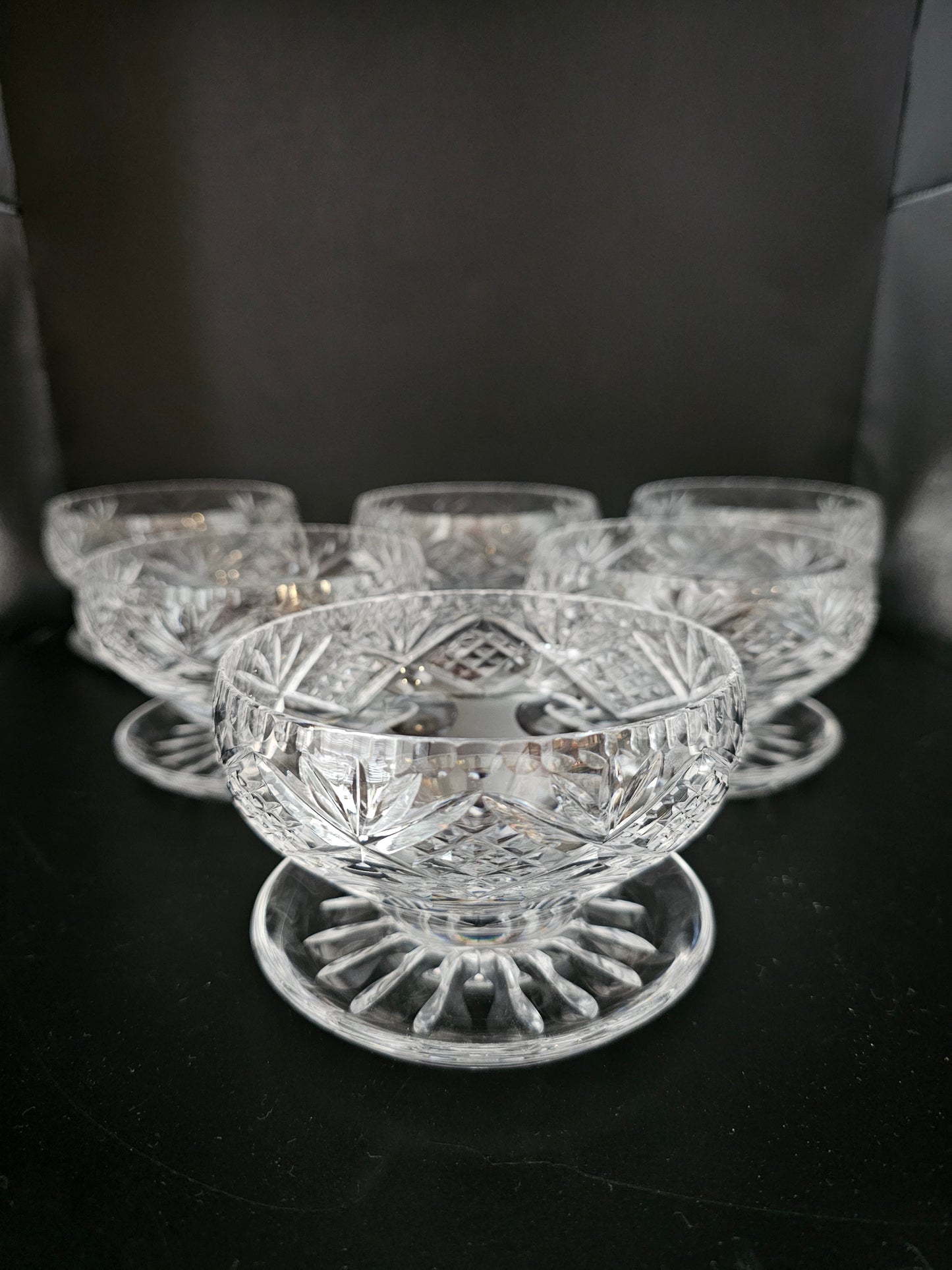 Set of 6 Royal Doulton Georgian Pattern Crystal Starter or Dessert dishes with lipped saucers.