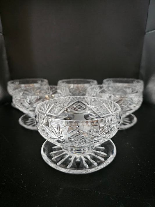 Set of 6 Royal Doulton Georgian Pattern Crystal Starter or Dessert dishes with lipped saucers.