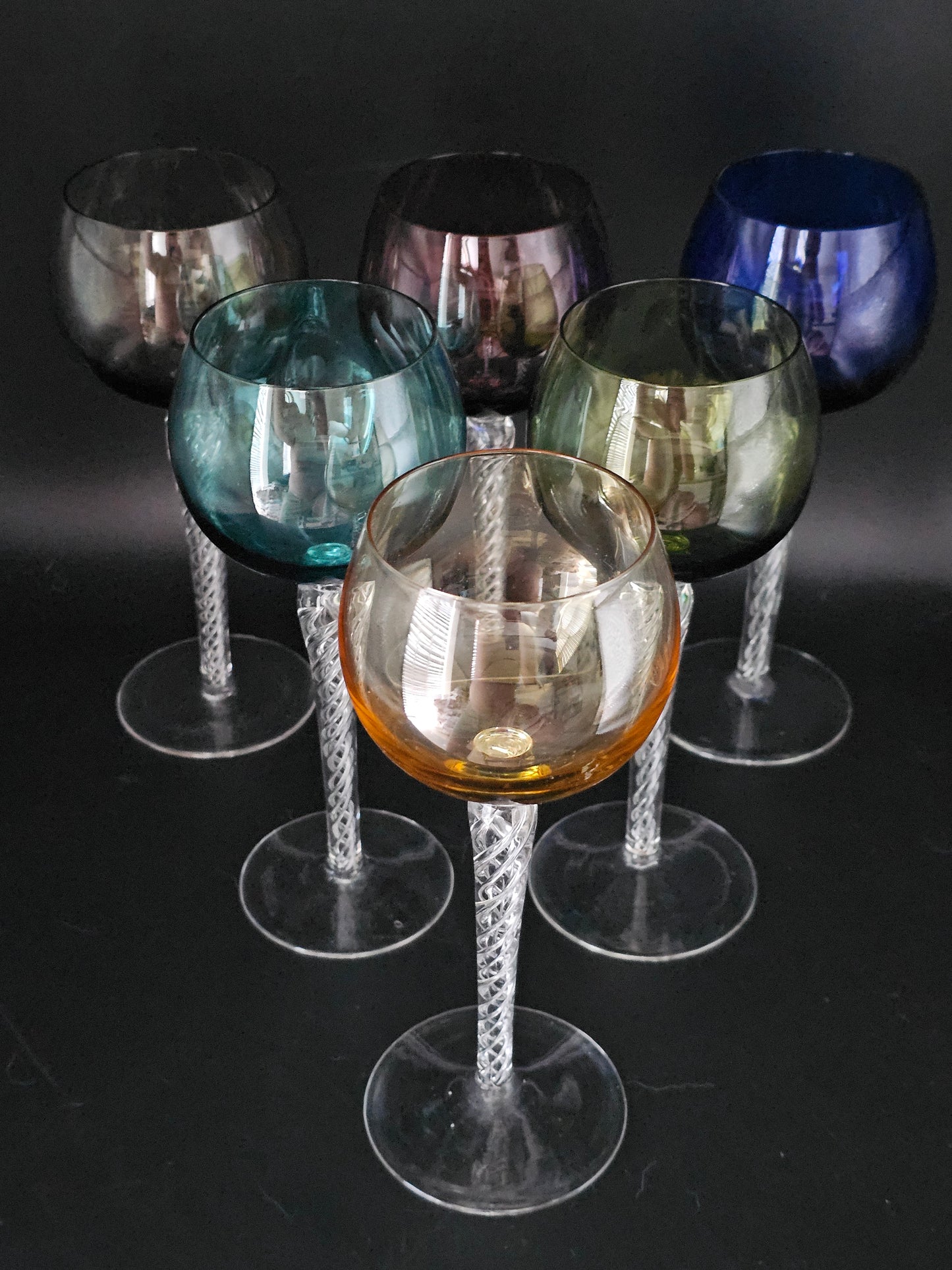 Set of 6 Coloured Air Twist Stem Coloured Crystal Hock Glasses. 250ml