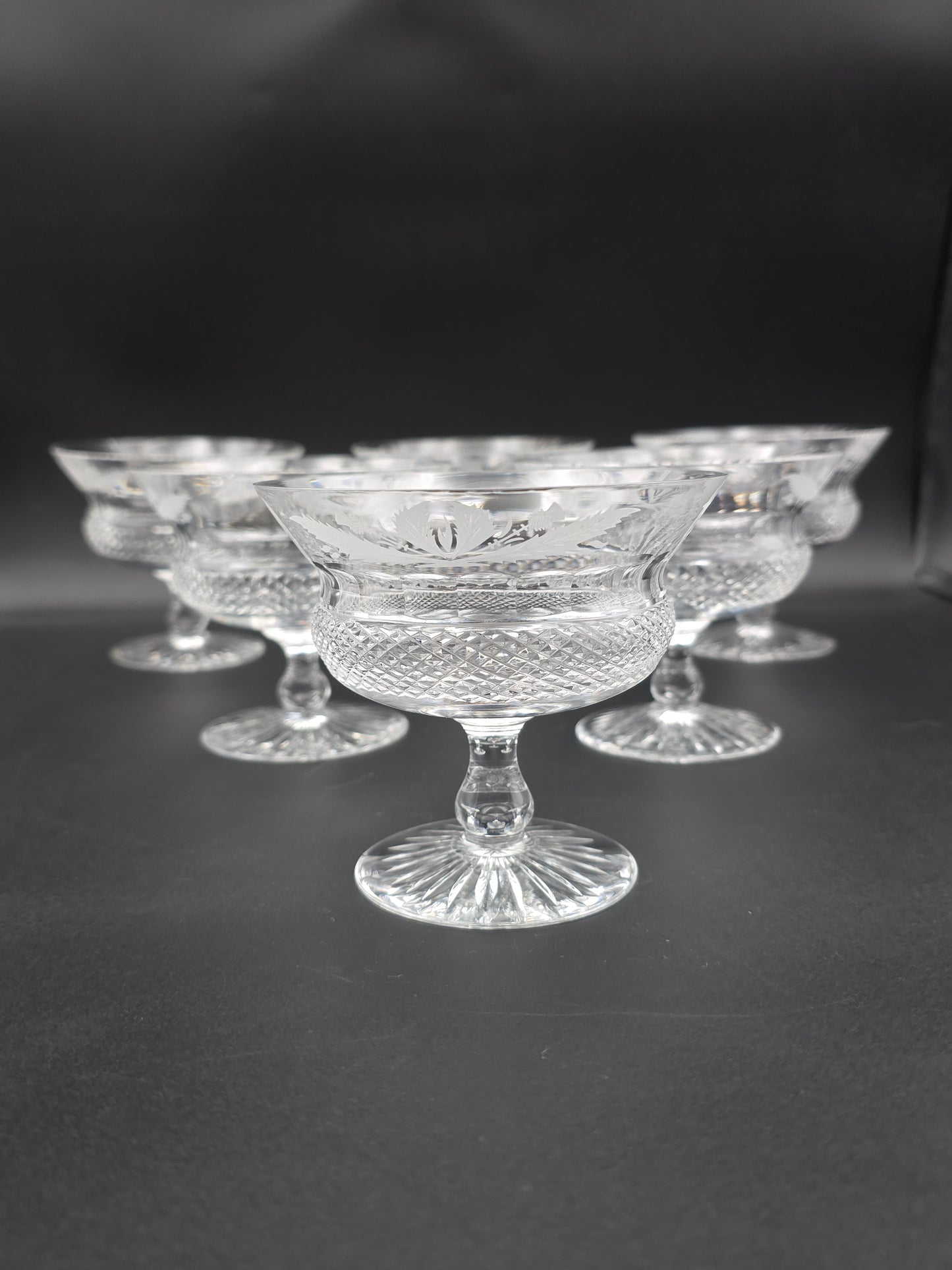 Set of 6 Mid Century Edinburgh Crystal Thistle Pattern Peach Melba Coupes. 300ml.