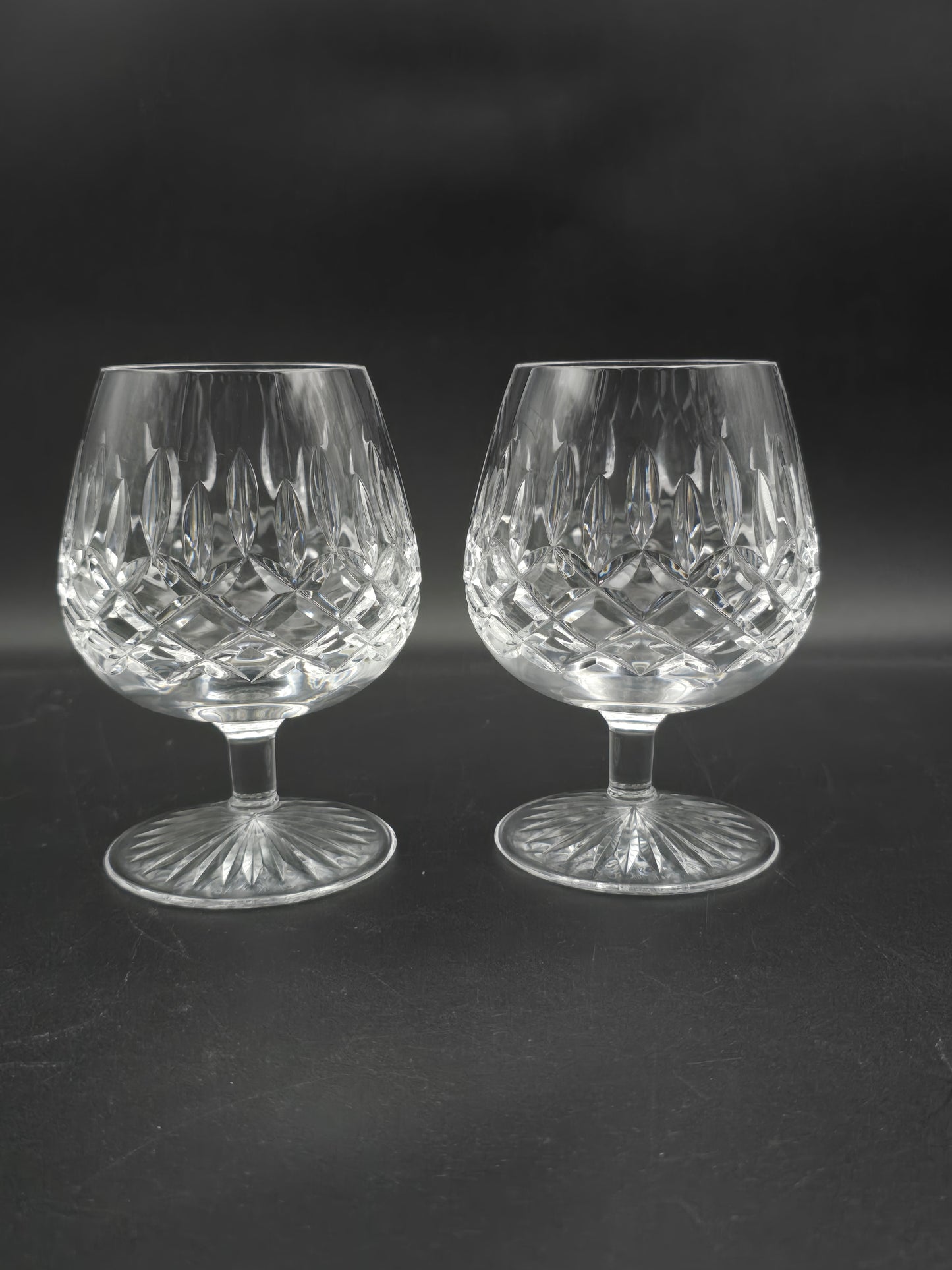 Pair of Large Stuart Crystal Glendevon Pattern Brandy or Cognac Crystal glasses 12oz. Boxed