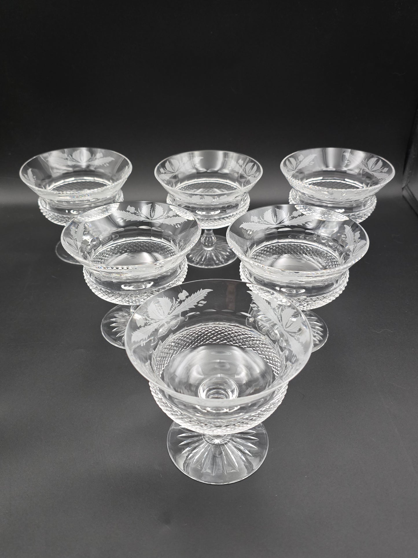 Set of 6 Mid Century Edinburgh Crystal Thistle Pattern Peach Melba Coupes. 300ml.