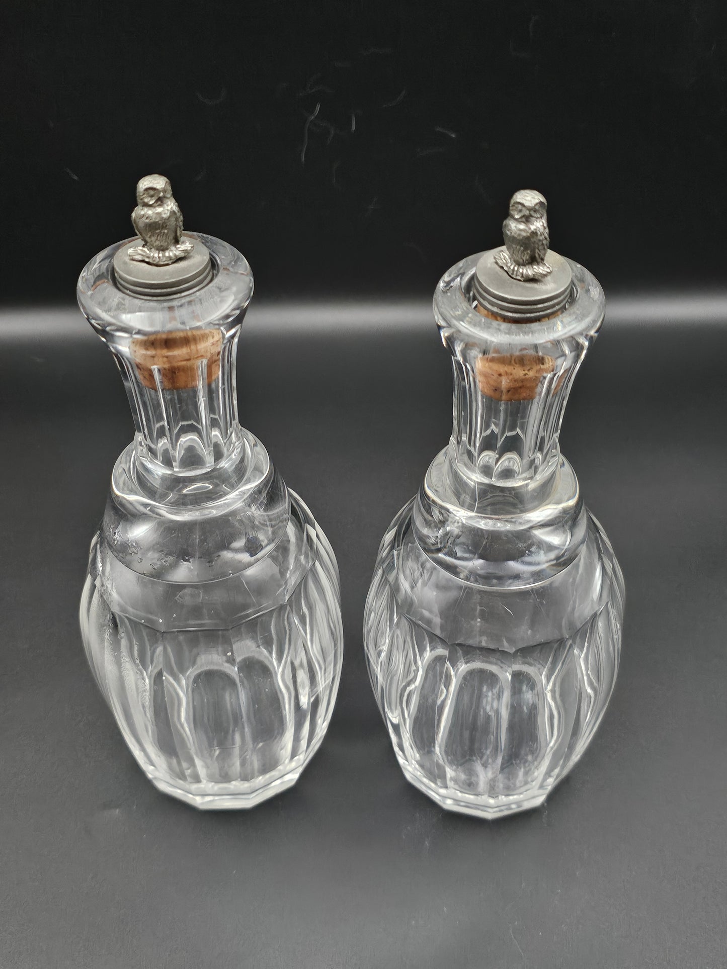 Pair of Small Vintage Decanters with Owl stoppers. 375ml. 20cm tall