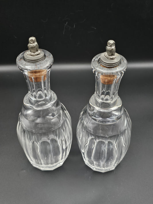 Pair of Small Vintage Decanters with Owl stoppers. 375ml. 20cm tall