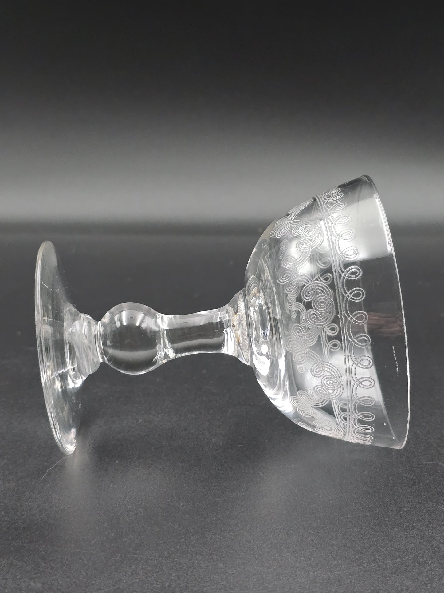 Set of 4 Edwardian Crystal Champagne Coupes – 200ml, Etched Swirl Design, Ball Stem, c.1900s