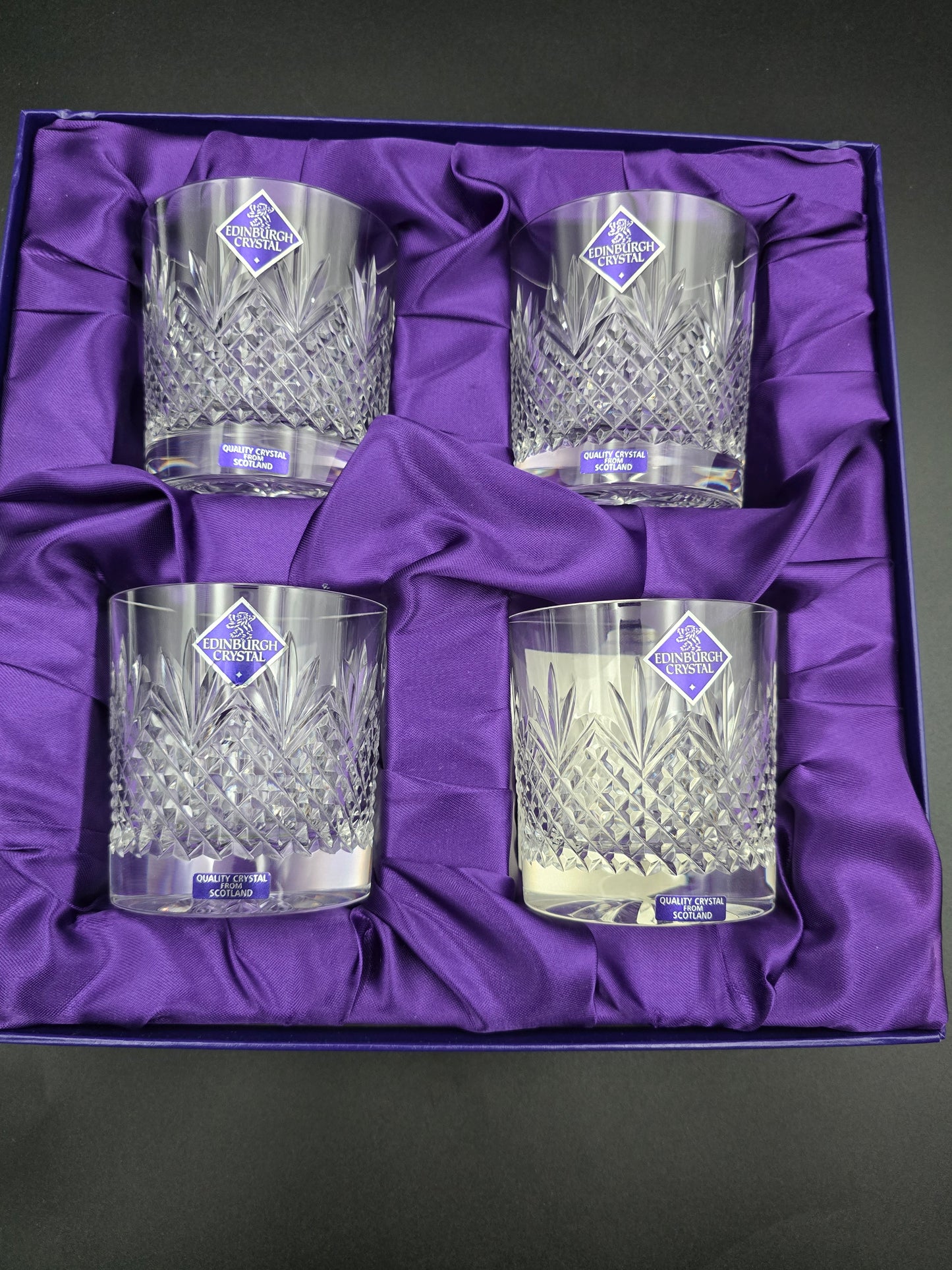 Set of 4 Edinburgh Crystal Tweed 9oz Tumblers – Boxed, Star Cut Base, Etched Mark, Made in Scotland