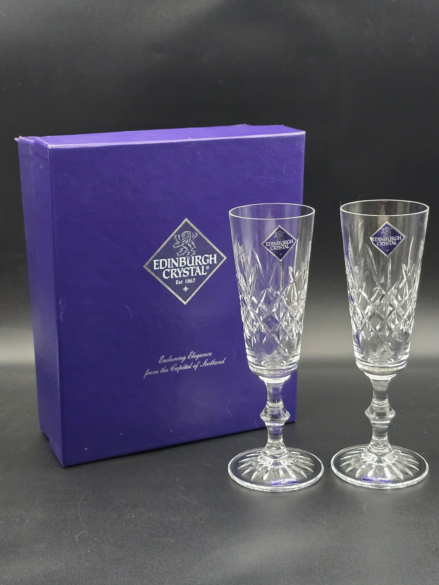Pair of Edinburgh Crystal Lomond Pattern Crystal Champagne Flutes. 150ml. 19.5cm tall. Boxed.