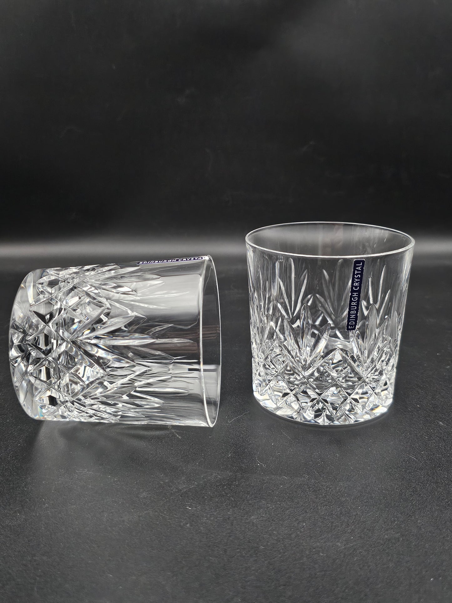 Pair of Edinburgh Crystal Tay Pattern 9oz Whisky Tumblers with lables Boxed