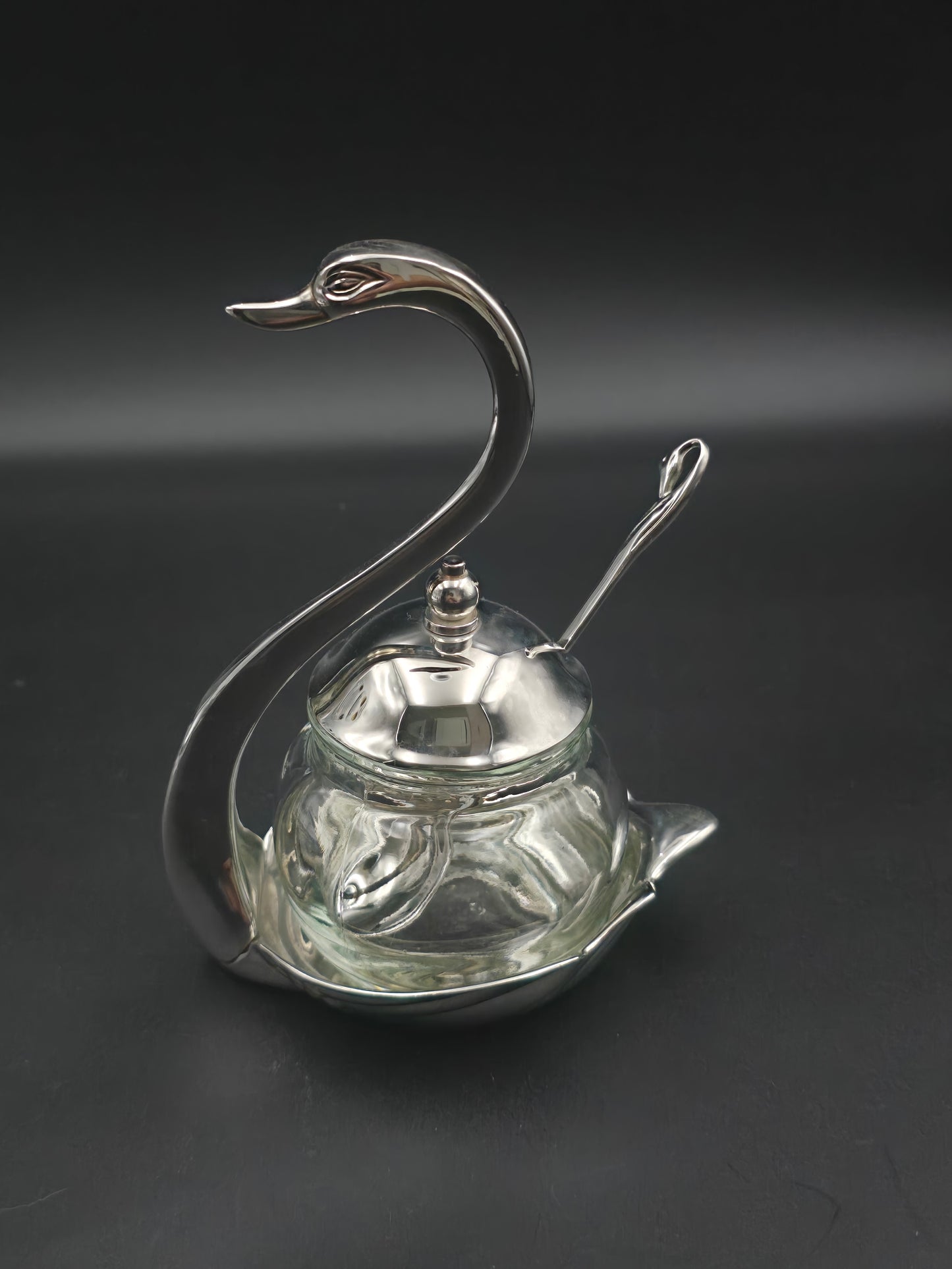 Vintage Chrome Swan Sugar Bowl with Spoon – Glass Insert – Art Deco Style Condiment Dish