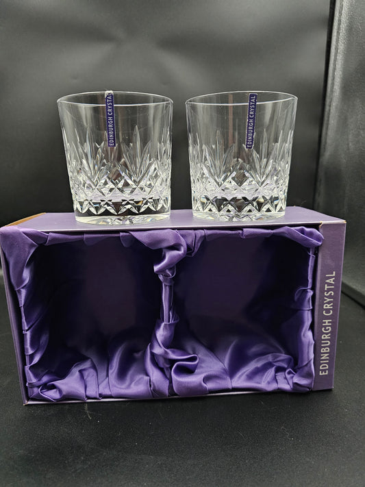 Pair of Edinburgh Crystal Tay Pattern 9oz Whisky Tumblers with lables Boxed