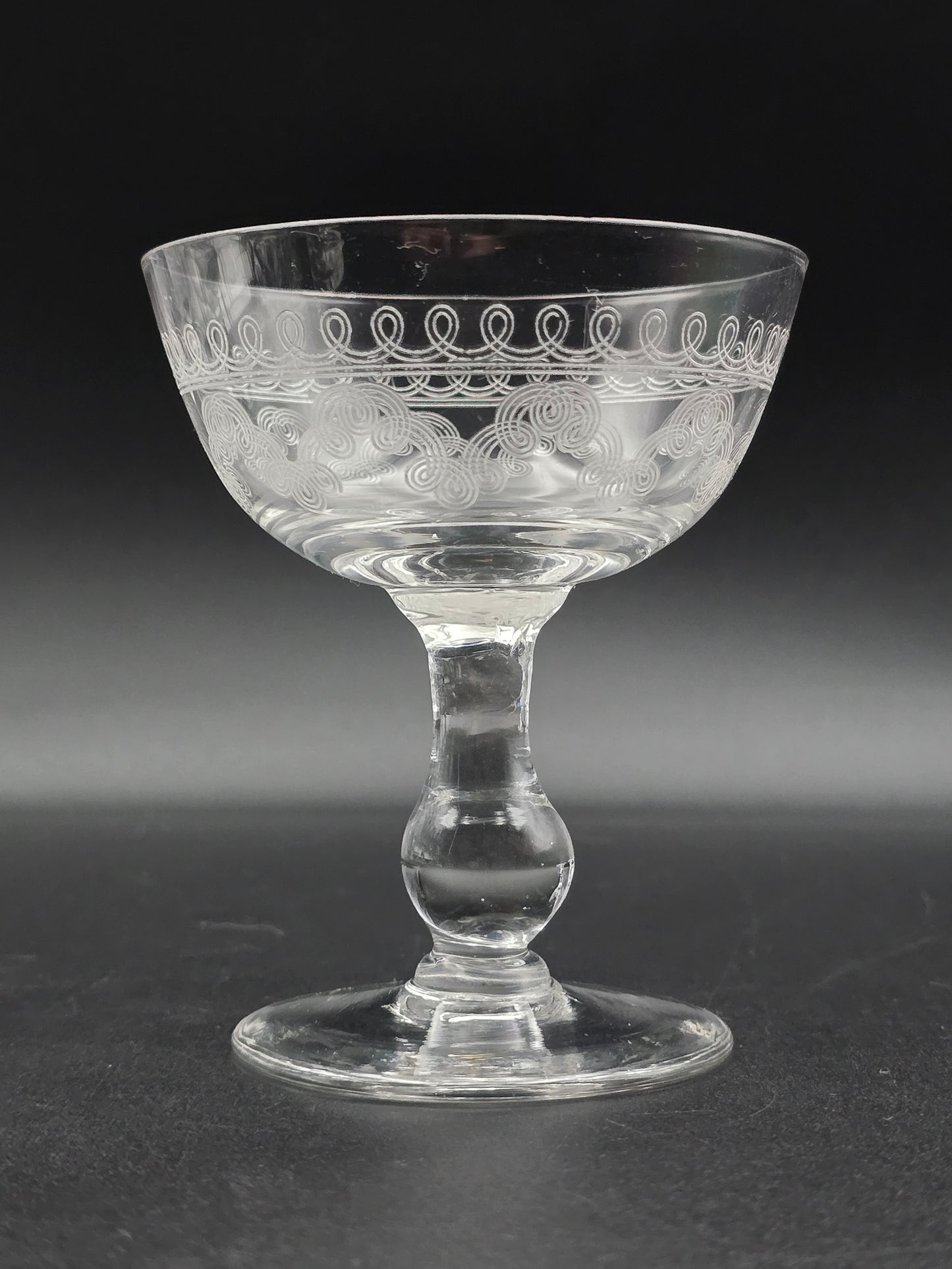 Set of 4 Edwardian Crystal Champagne Coupes – 200ml, Etched Swirl Design, Ball Stem, c.1900s