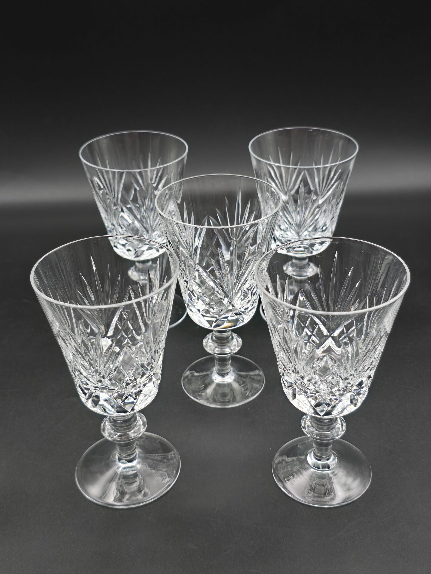 Set of 5 Royal Doulton ‘Juno’ Crystal Wine Glasses – Knopped Stem – 12.5cm Tall – Vintage British Glassware – Immaculate Condition