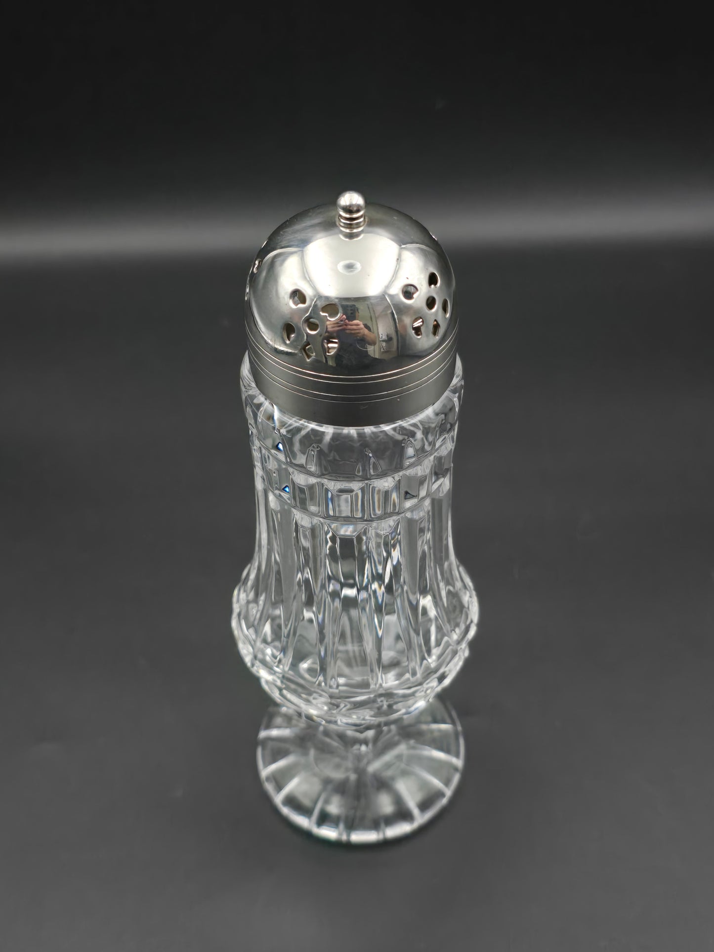 Large Vintage cut glass sugar shaker. 20cm tall.