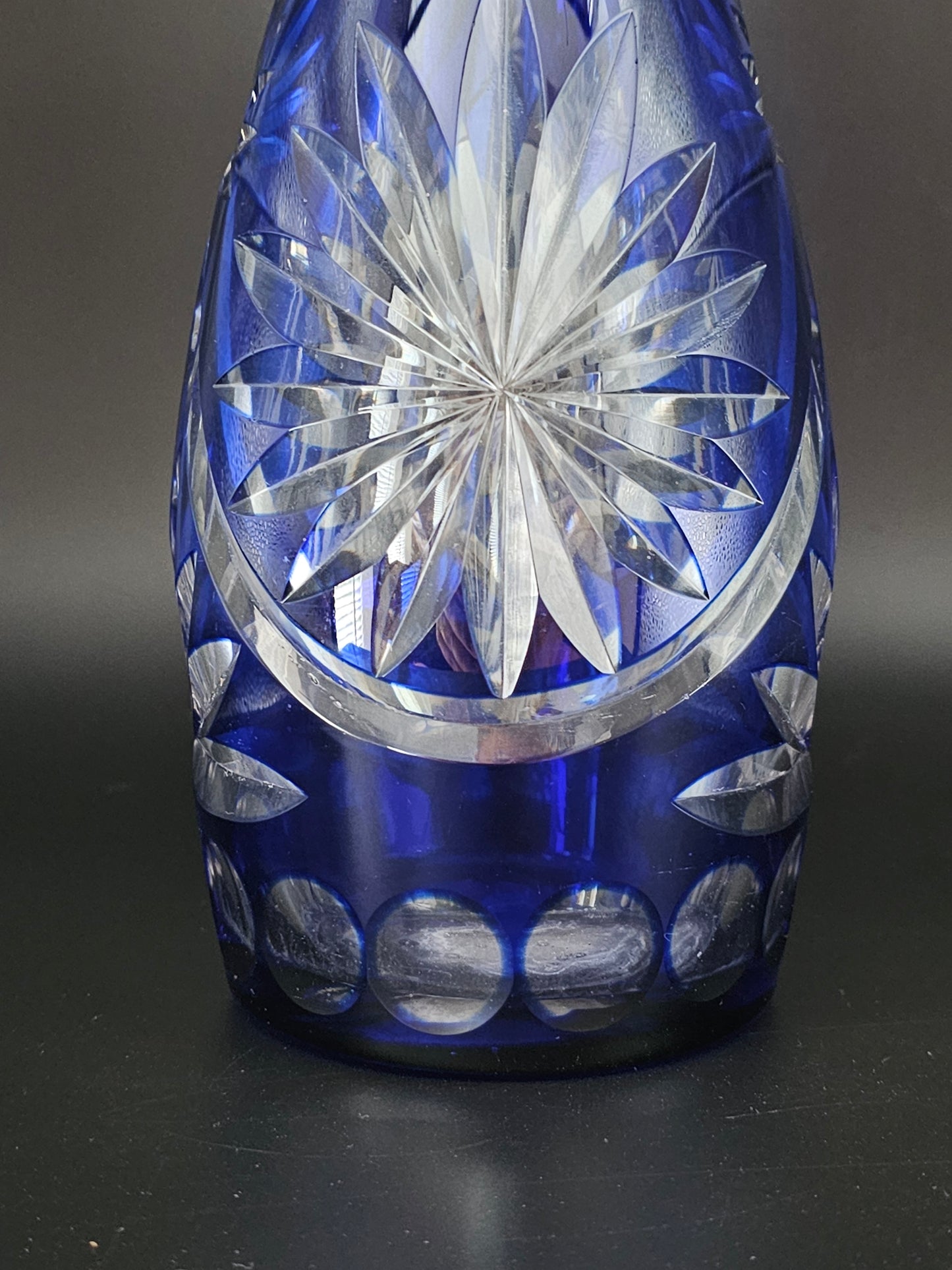 Cobalt Blue Cut to Clear Crystal Bohemian Decanter. 39cm