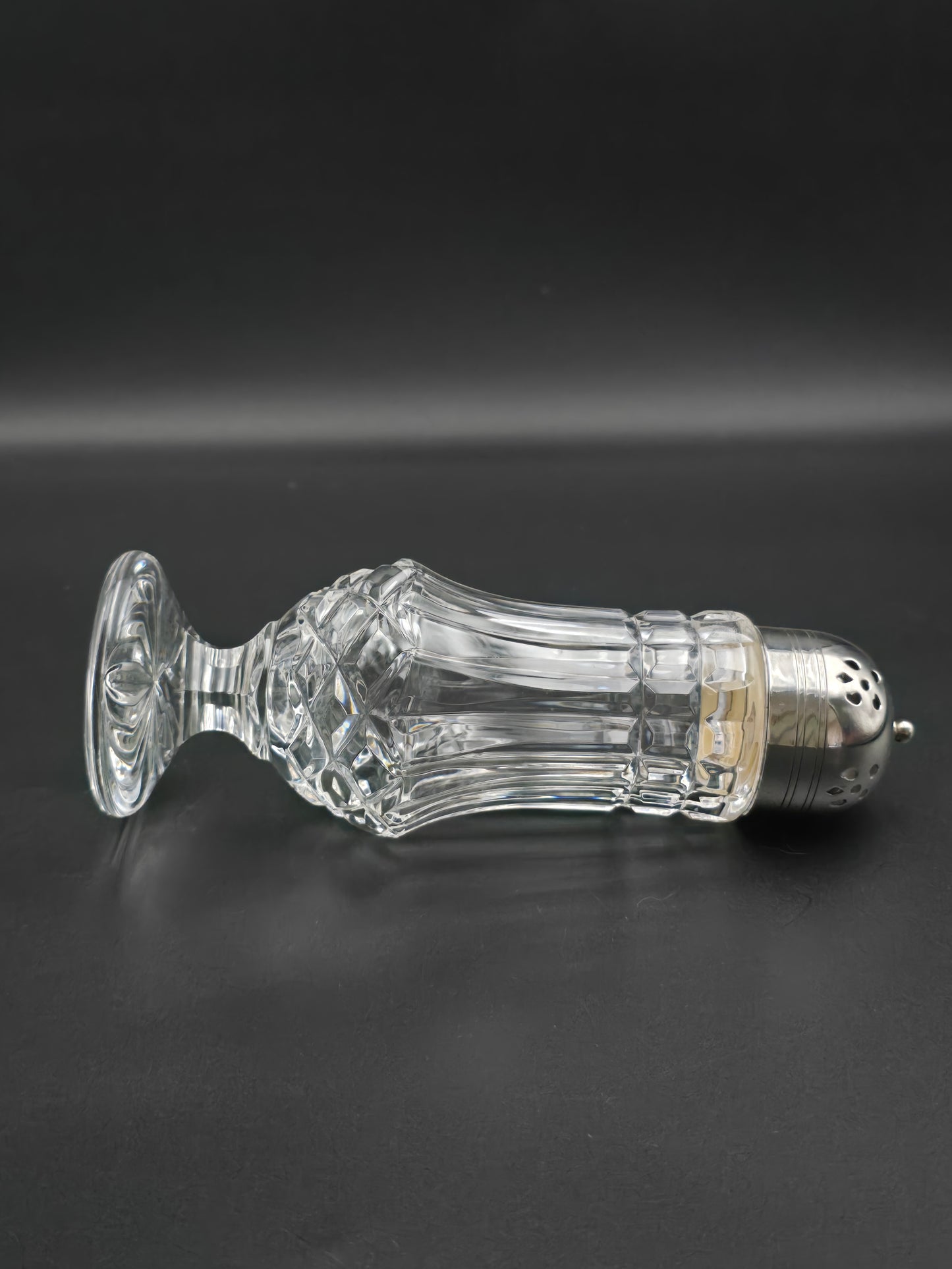 Large Vintage cut glass sugar shaker. 20cm tall.