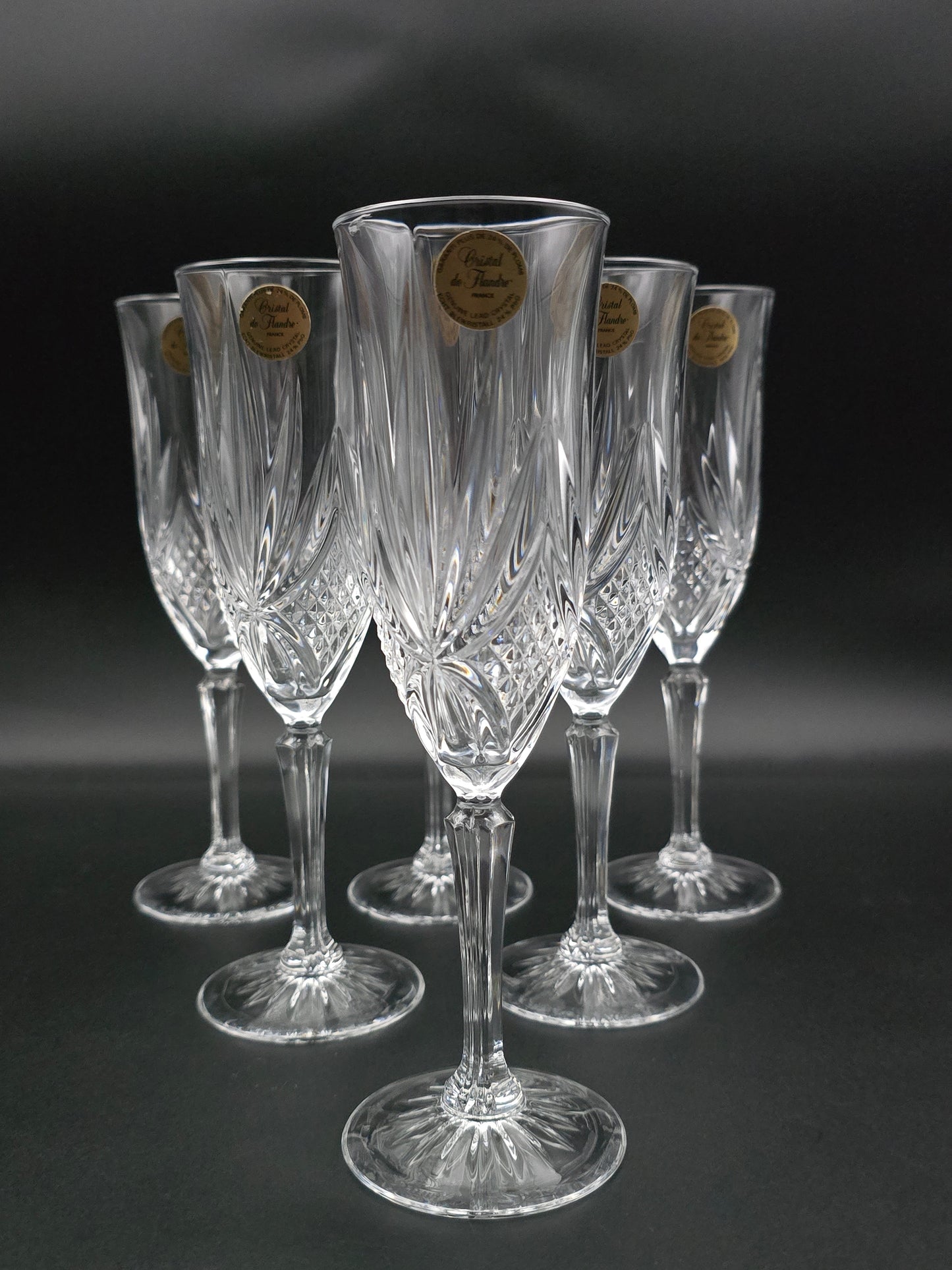 Set of 6 Cristal de Flandre “Salzburg” Champagne Flutes – 24% Lead Crystal, France, 160 ml