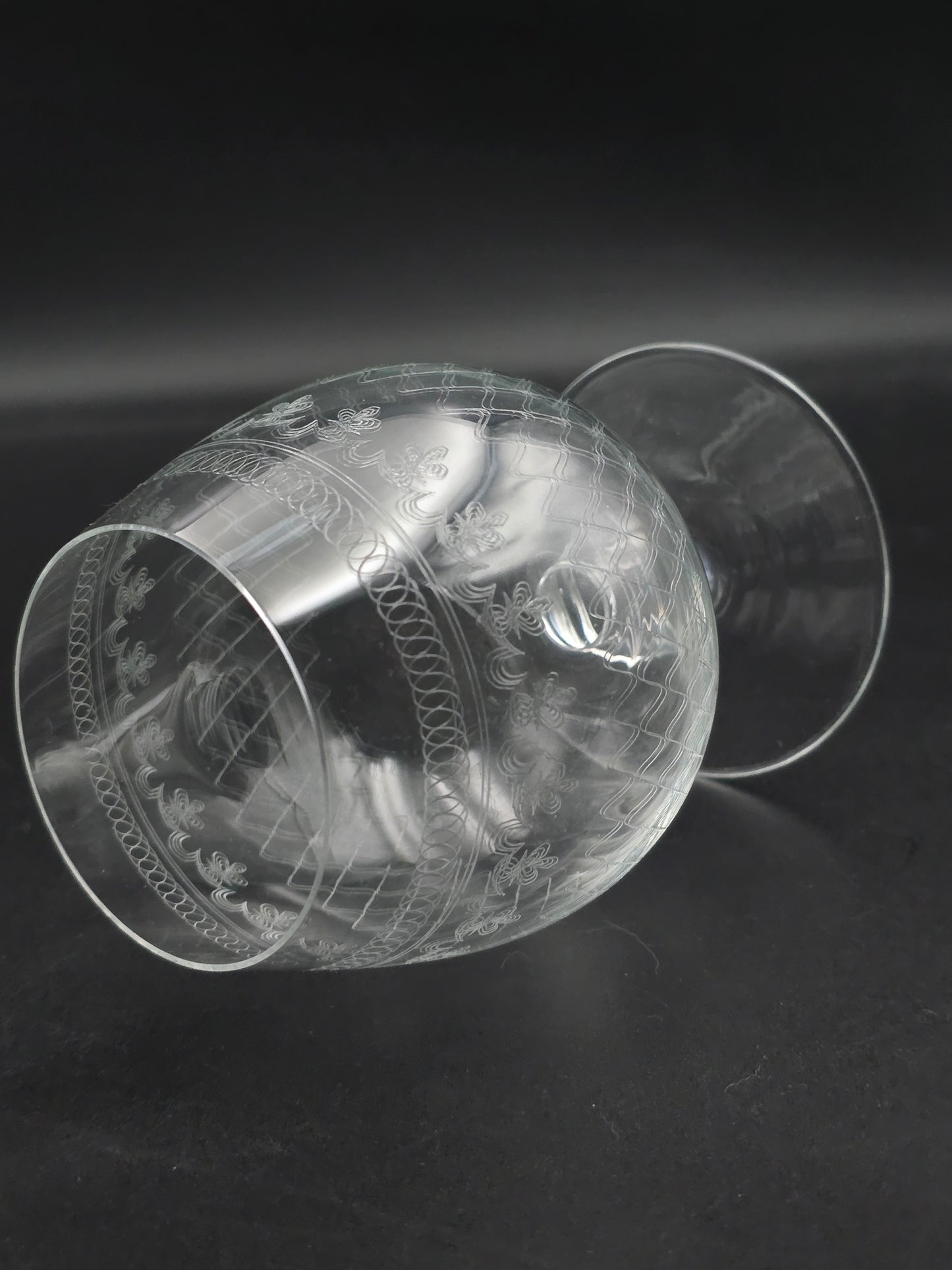 Set of 4 large, fine etched Crystal Brandy glasses. 13oz