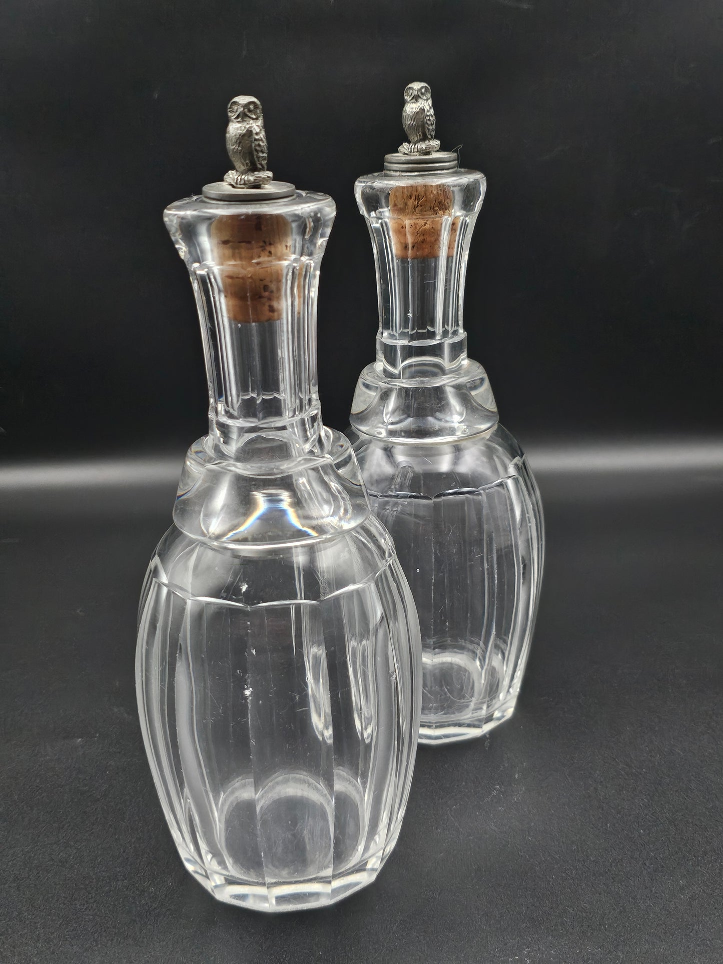 Pair of Small Vintage Decanters with Owl stoppers. 375ml. 20cm tall