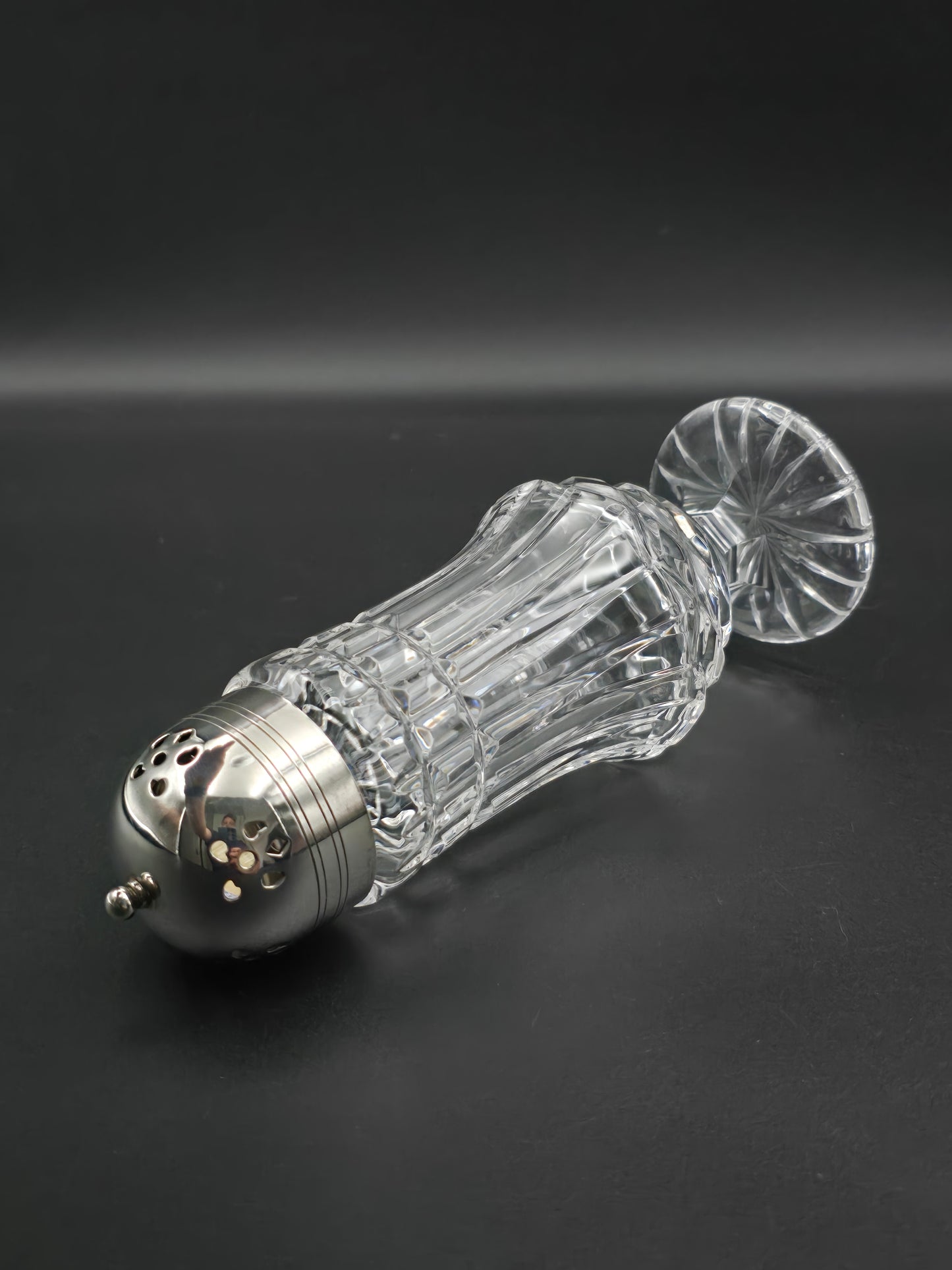 Large Vintage cut glass sugar shaker. 20cm tall.