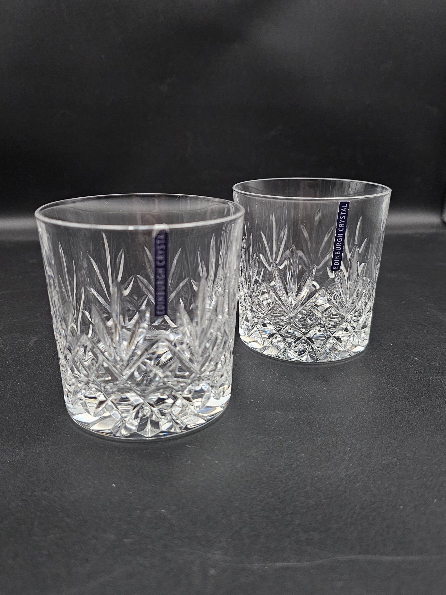 Pair of Edinburgh Crystal Tay Pattern 9oz Whisky Tumblers with lables Boxed