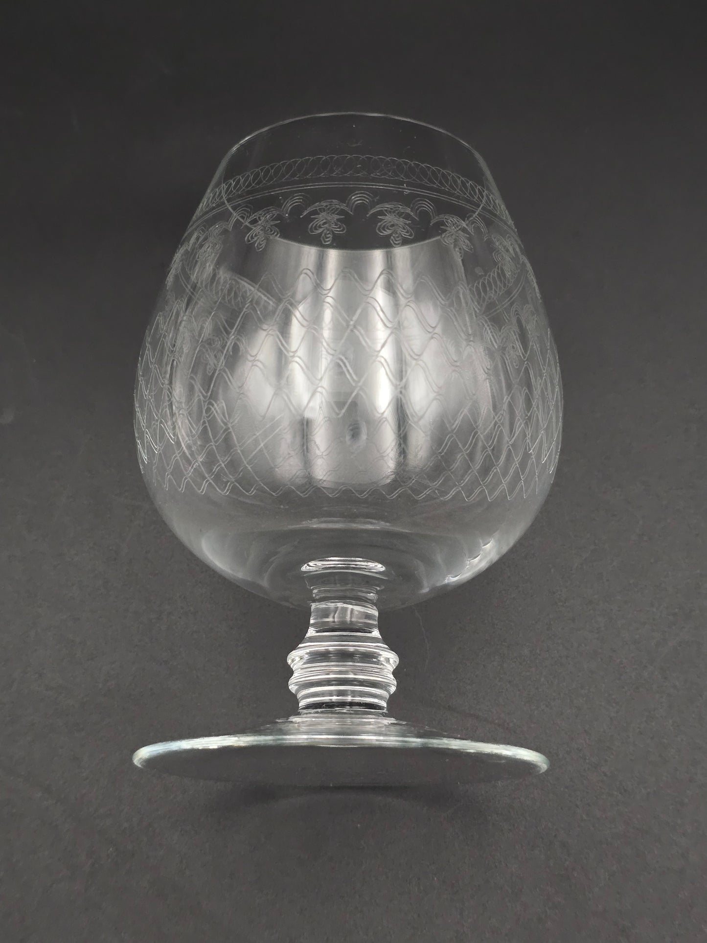 Set of 4 large, fine etched Crystal Brandy glasses. 13oz