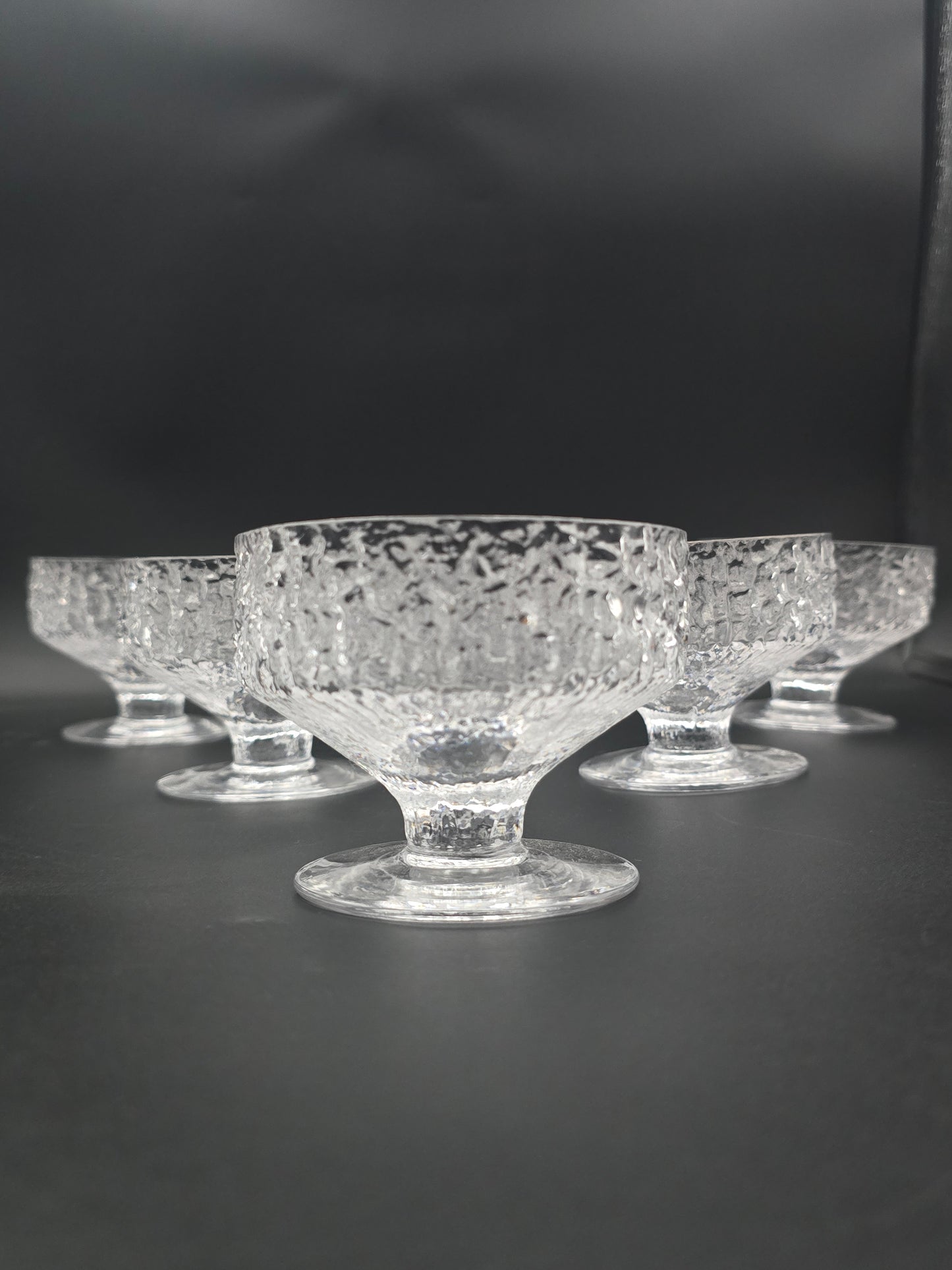 Set of 6 Whitefriars “Glacier/Bark” Dessert Bowls by Geoffrey Baxter – Mid‑Century Textured Glass, Perfect Condition