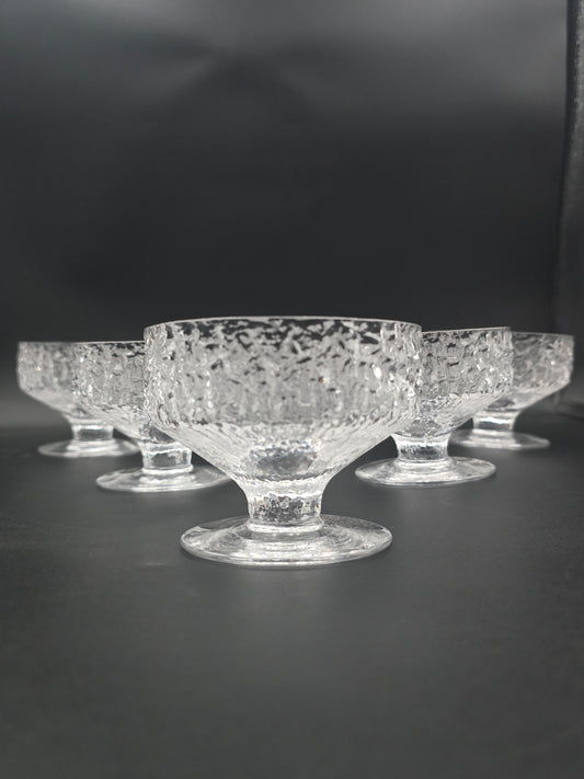 Set of 6 Whitefriars “Glacier/Bark” Dessert Bowls by Geoffrey Baxter – Mid‑Century Textured Glass, Perfect Condition