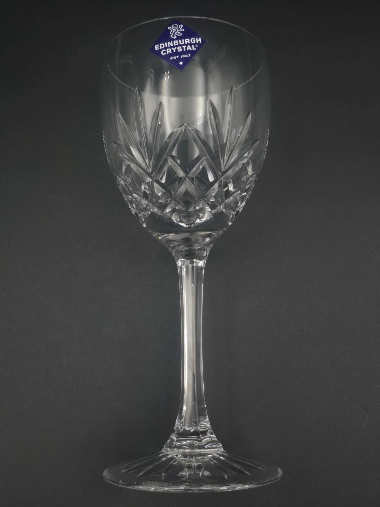 Set of 6 Edinburgh Crystal Tay Wine Glasses 275ml – Boxed, Unused, With Stickers – Textured Stem, Star Cut Base – 19cm Tall
