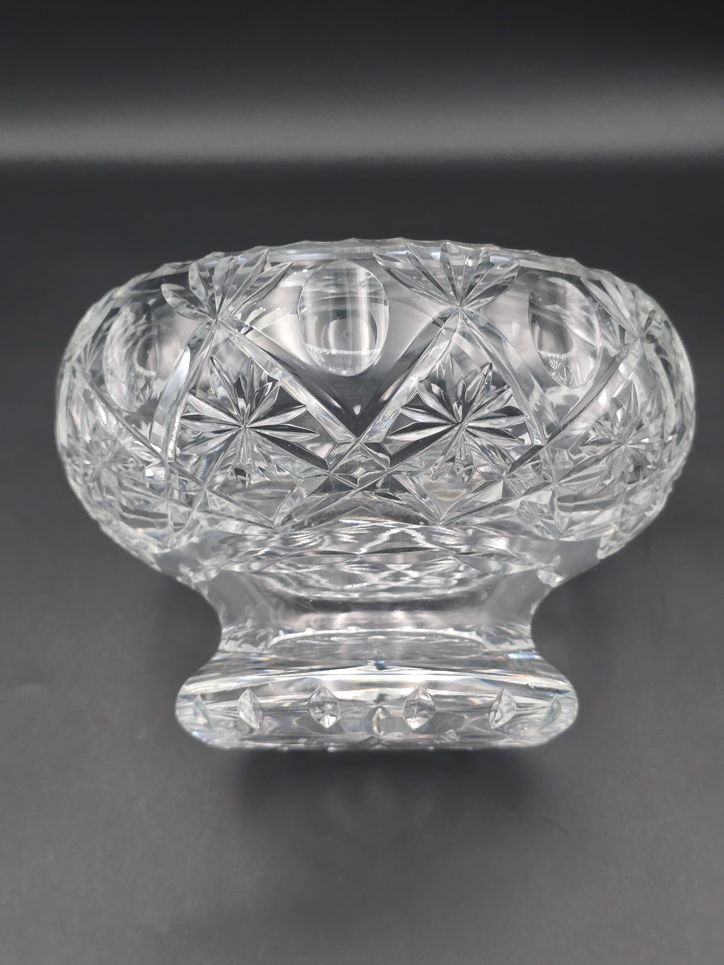 Vintage Heavy Cut Crystal Rose Bowl with Flower & Thumbprint Design, Star-Cut Base, 7.5" Wide, 2.57kg