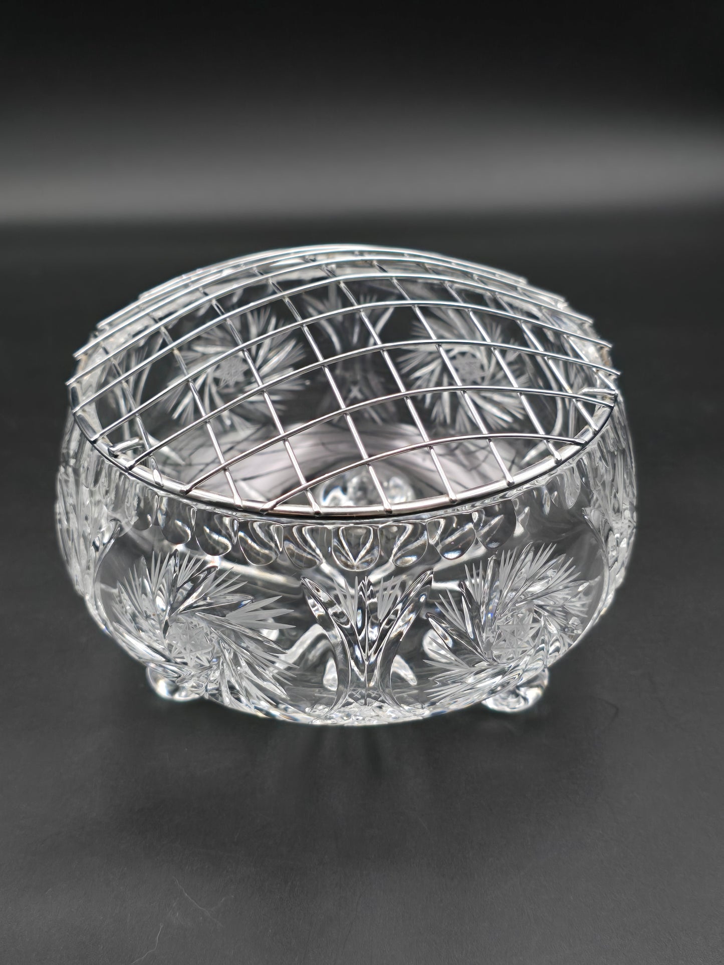 Vintage 5" Pinwheel Cut Crystal Rose Bowl with Silver Wire Mesh & Footed Base – Elegant Small Centrepiece