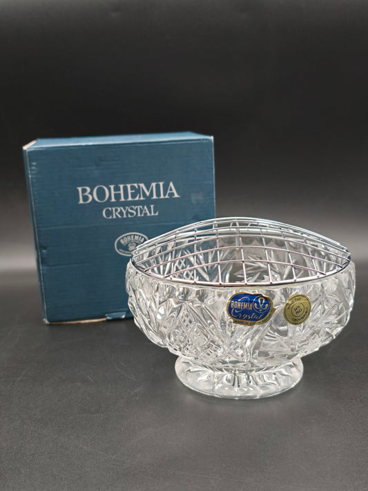 Bohemian Crystal Rose Bowl in Original Box – 6″ (15 cm) Hand‑Cut Lead Crystal, Footed Posy Bowl, Vintage Czech Glassware