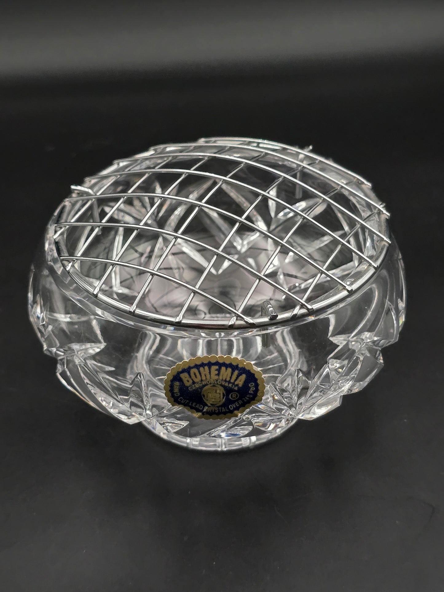 Bohemia Crystal Small Rose Posy Bowl with Star Base & Wire Mesh Frog, 4.5" Vintage Czech Crystal Vase