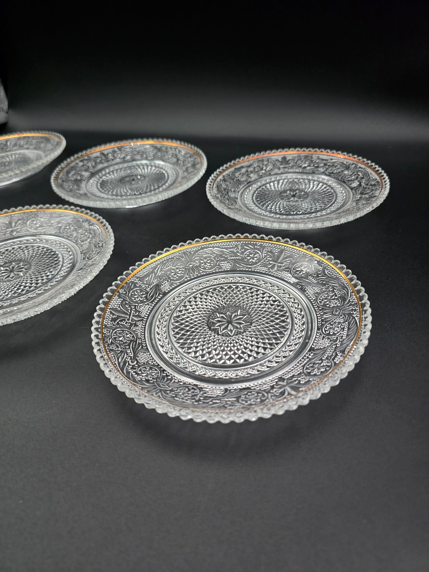 Set of 6 Vintage Pressed glass side plates. 15cm