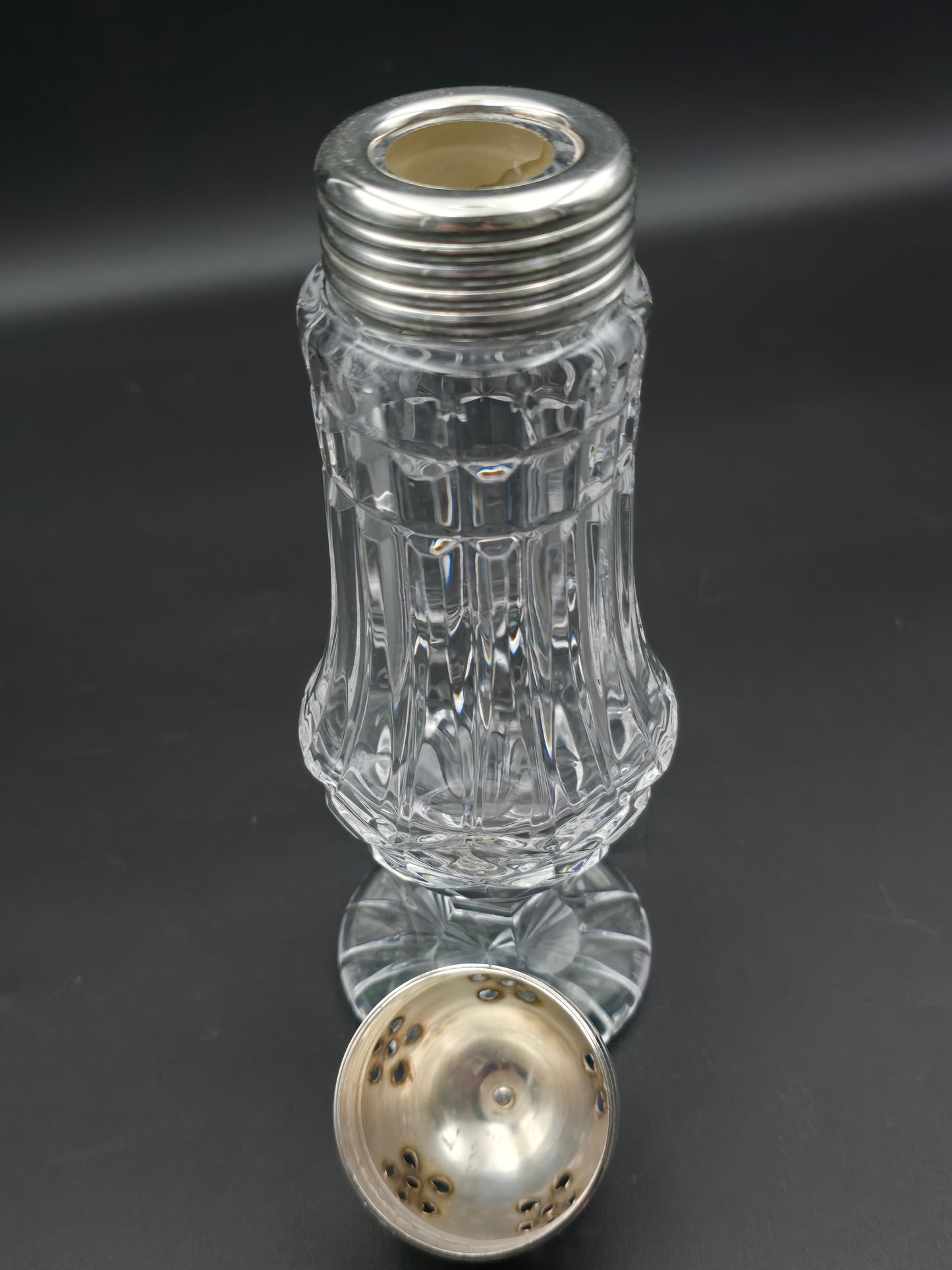 Large Vintage cut glass sugar shaker. 20cm tall.