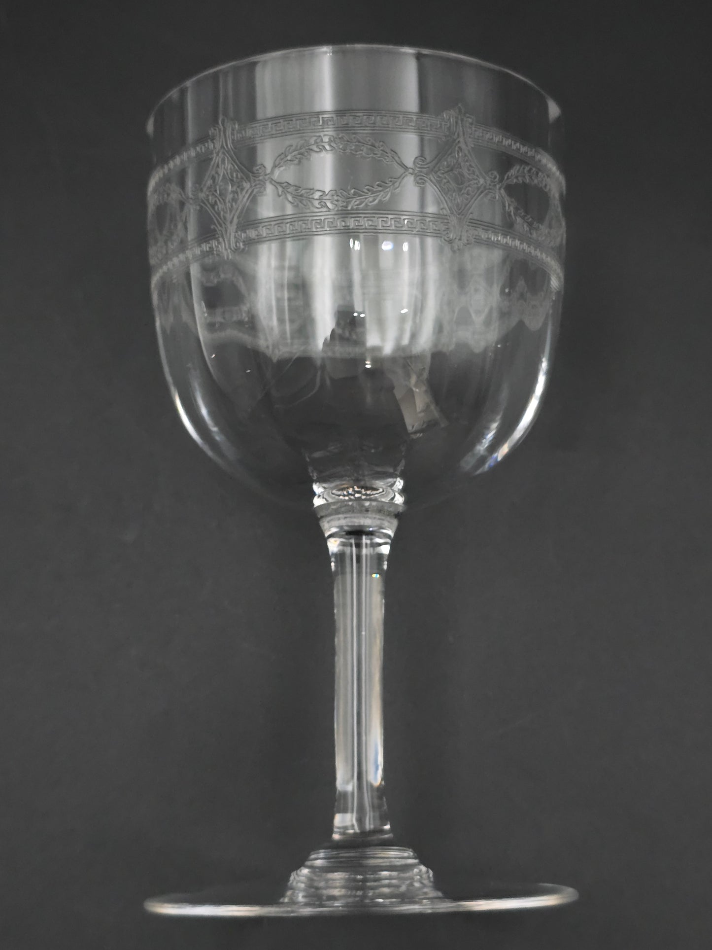 Antique French Needle-Etched Crystal Wine Glasses – Set of 7 Elegant 300ml Goblets with Trellis & Floral Design