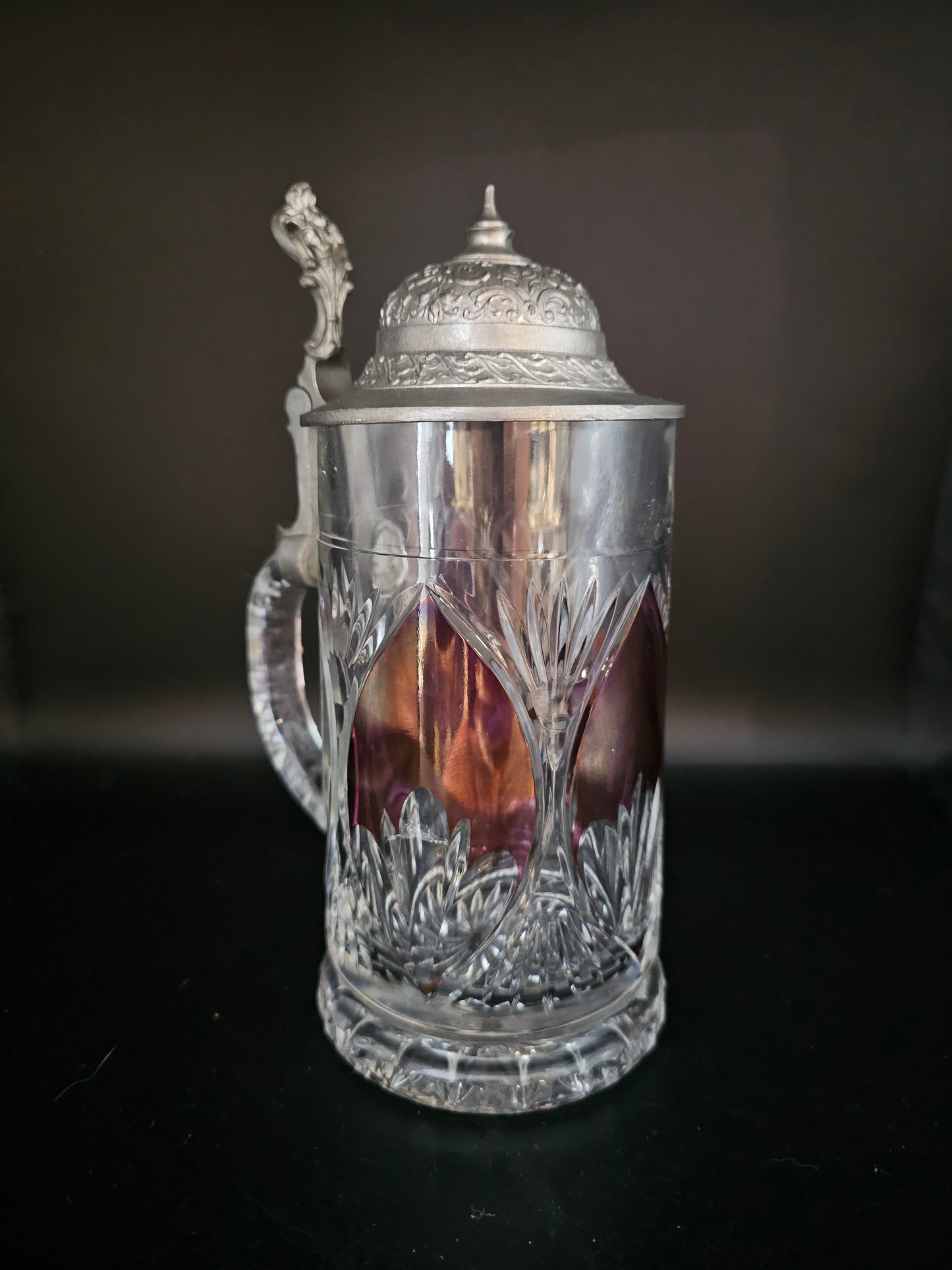 Crystal Beer Stein with Pewter Lid & Purple decoration