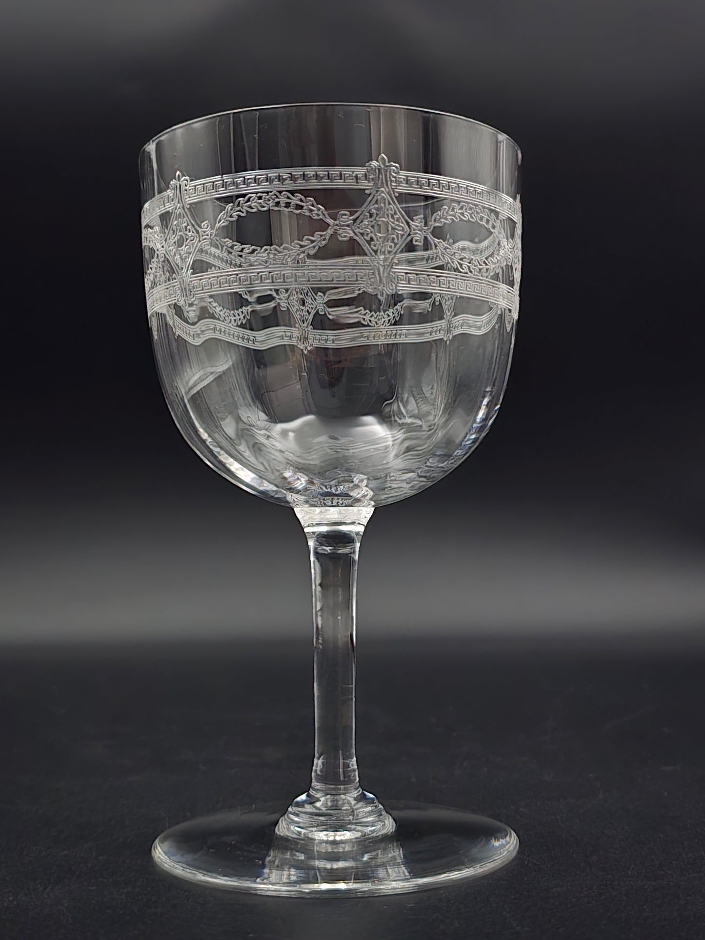 Antique French Needle-Etched Crystal Wine Glasses – Set of 7 Elegant 300ml Goblets with Trellis & Floral Design