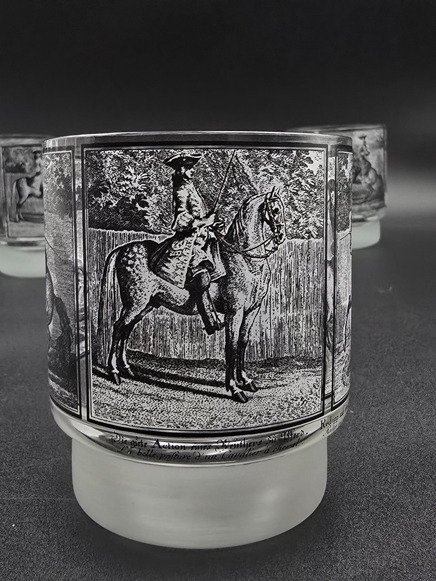 Six Mid Century Vintage Kurt Hammer Horse Riding Tumblers – Bavarian German Frosted Glassware, 8oz Folk Art Crystal Set