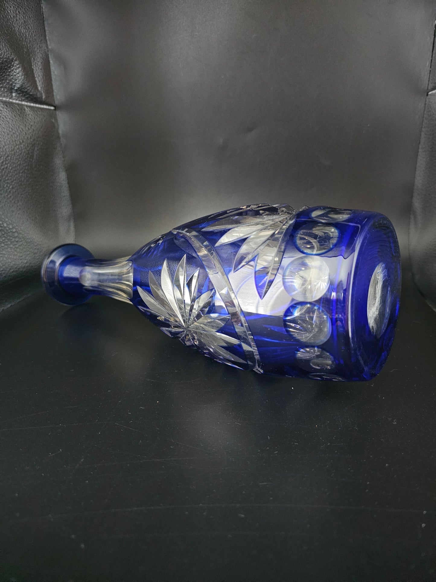 Cobalt Blue Cut to Clear Crystal Bohemian Decanter. 39cm