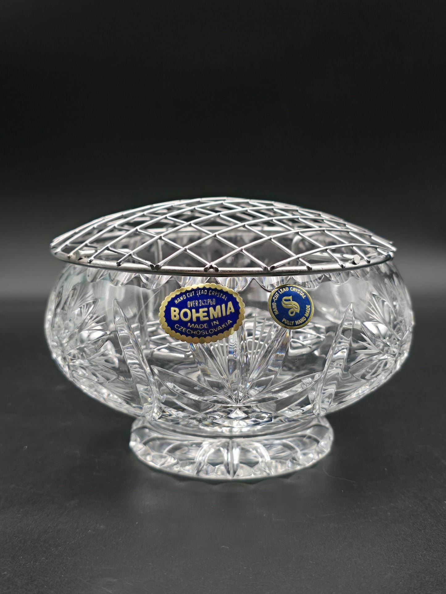 Bohemia Lead Crystal Rose Bowl with Double Mesh Frog – 6” Boxed, Hand Cut Star Base, Made in Czechoslovakia