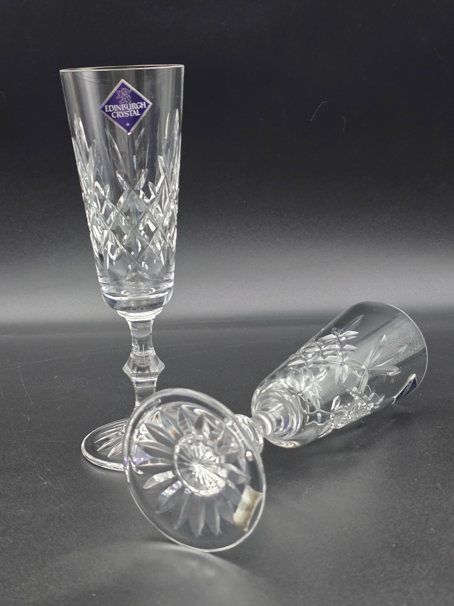 Pair of Edinburgh Crystal Lomond Pattern Crystal Champagne Flutes. 150ml. 19.5cm tall. Boxed.