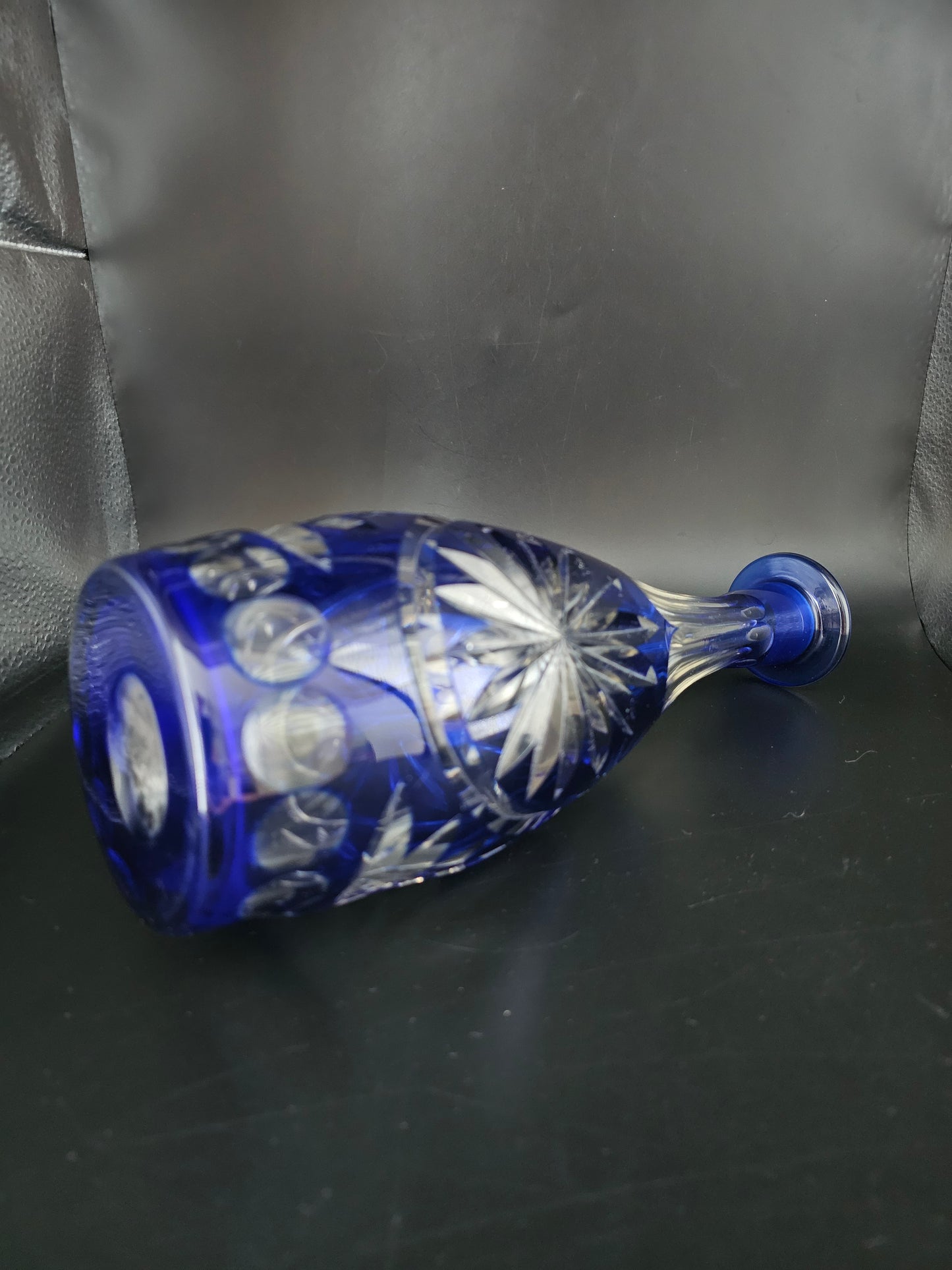 Cobalt Blue Cut to Clear Crystal Bohemian Decanter. 39cm