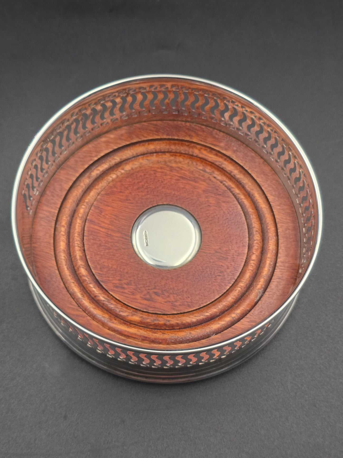 Antique Solid Silver Wine Bottle Coaster, Barker Brothers, Birmingham 1921, Wood Base & Felt Lining, Original Box