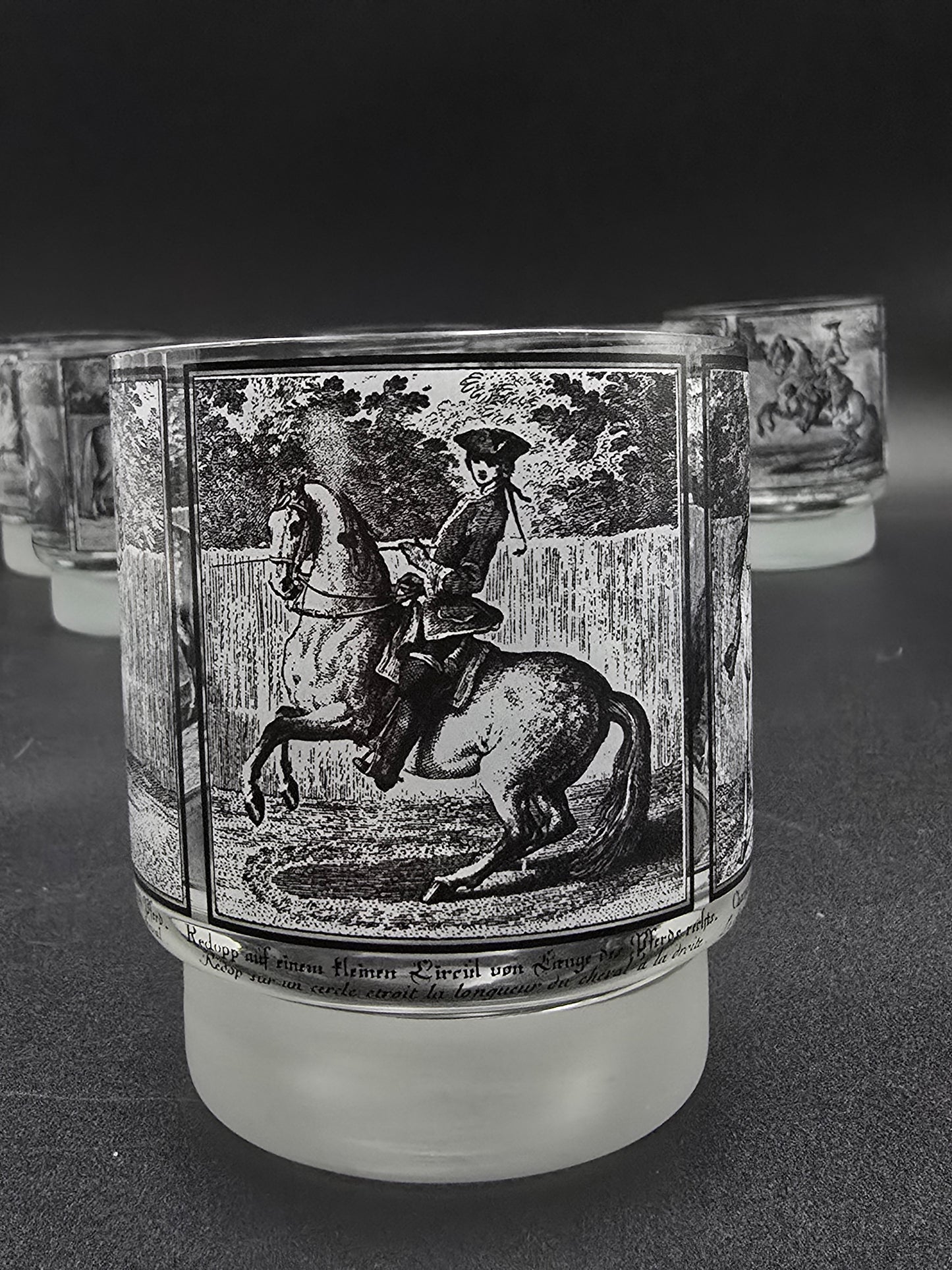 Six Mid Century Vintage Kurt Hammer Horse Riding Tumblers – Bavarian German Frosted Glassware, 8oz Folk Art Crystal Set